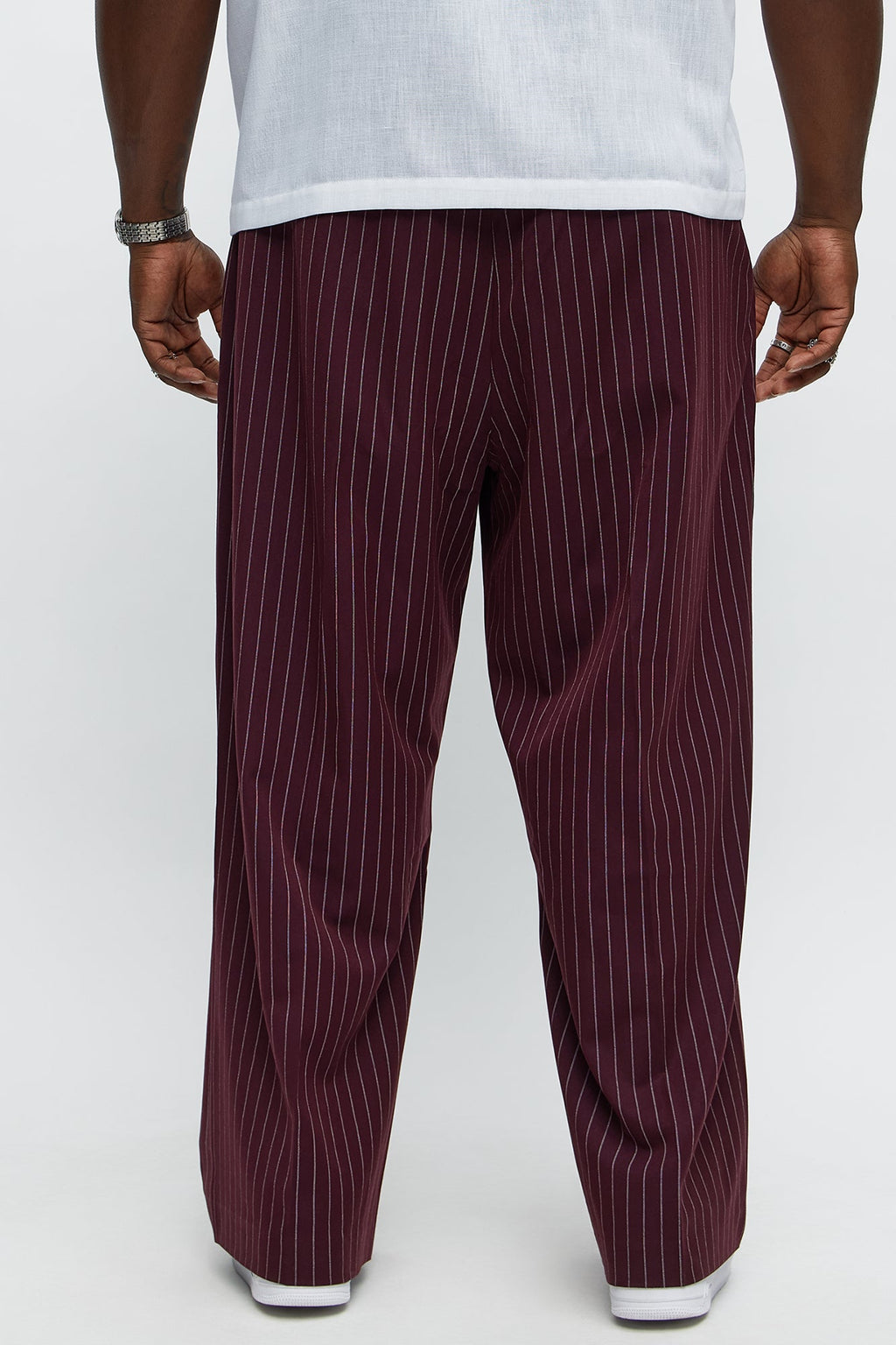 Wide Leg Straight Striped Trousers - Burgundy