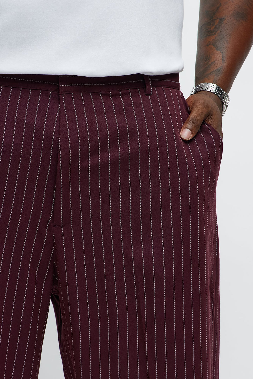 Wide Leg Straight Striped Trousers - Burgundy