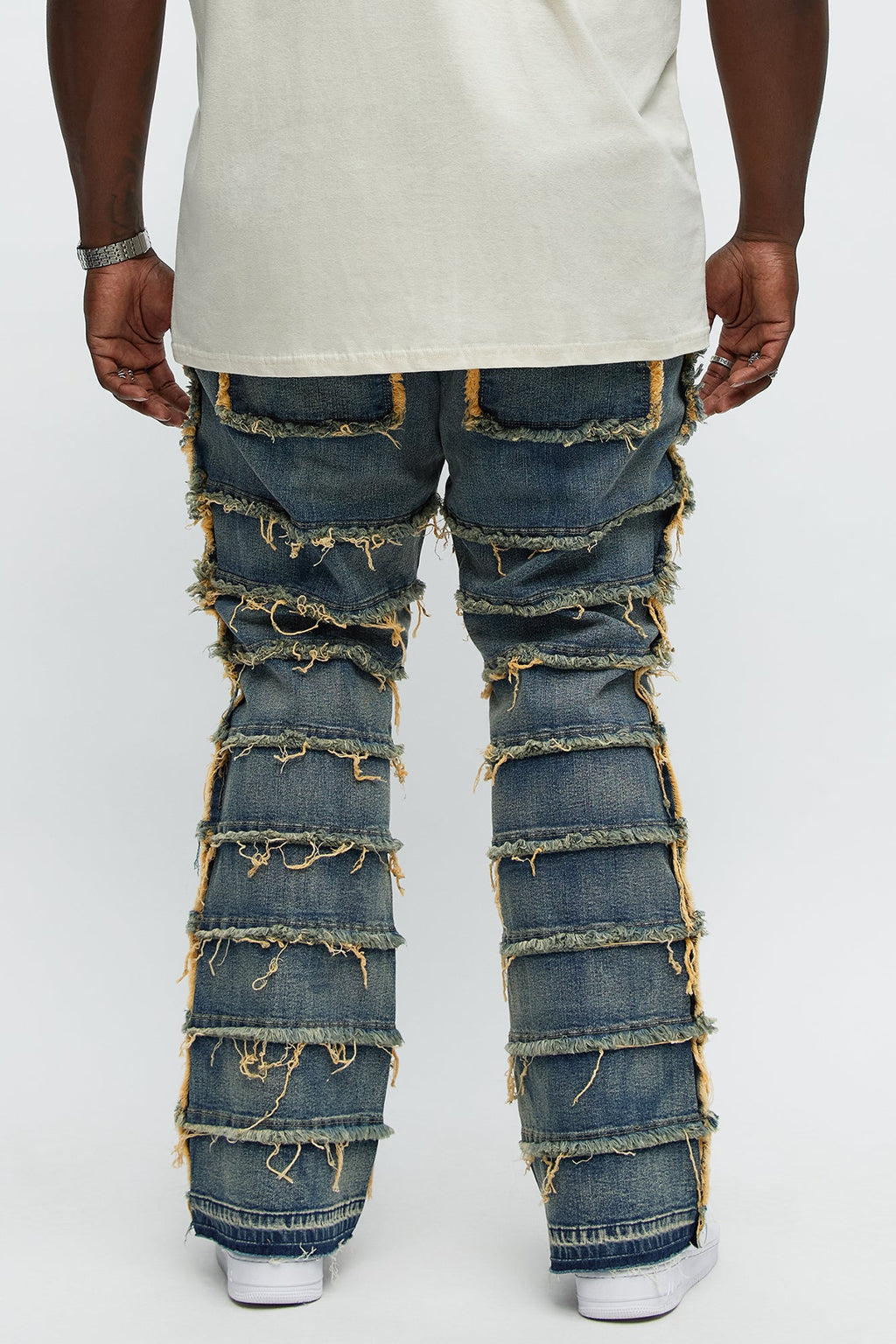 Square Pockets Fray Stacked Skinny Flare Jeans - Dark Wash