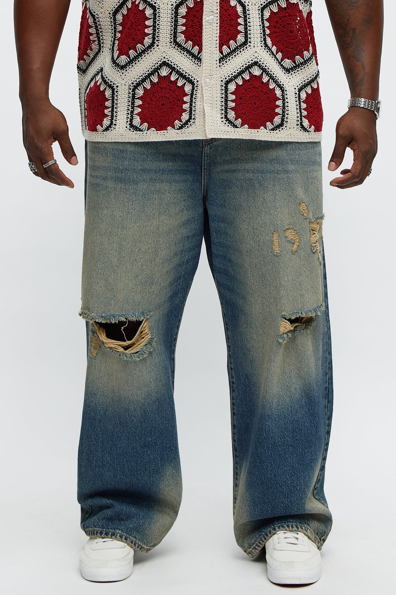 Its Giving Distressed Baggy Jeans - Vintage Blue Wash