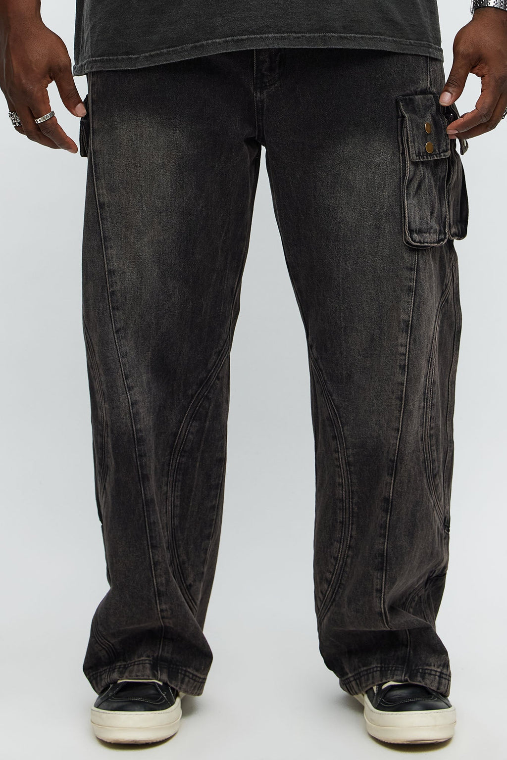 Time To Go Paneled Baggy Jeans - Black Wash