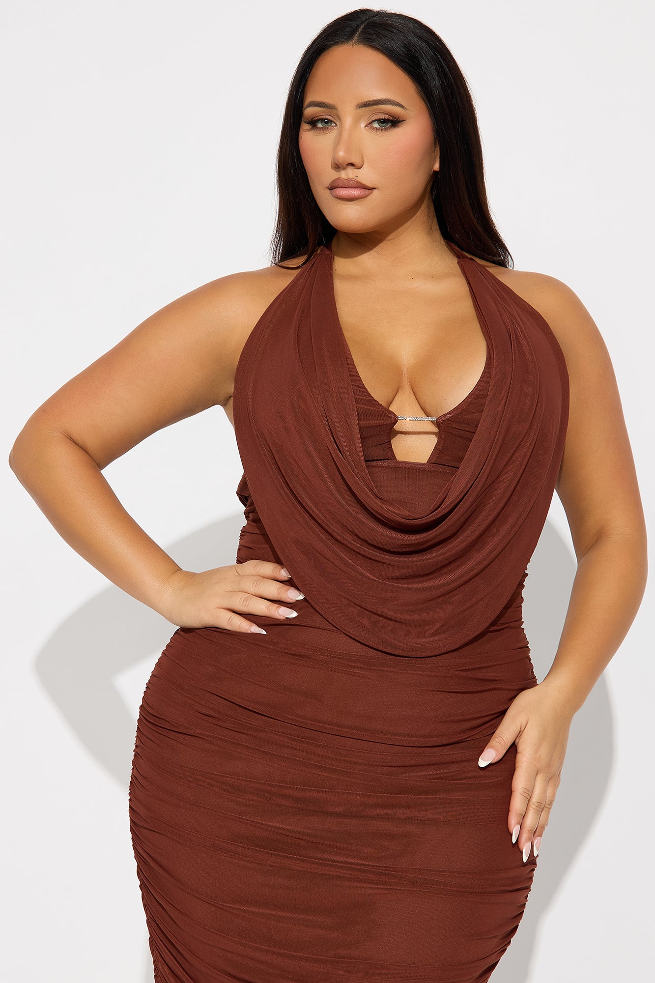 Julia Ruched Mesh Maxi Dress - Brown