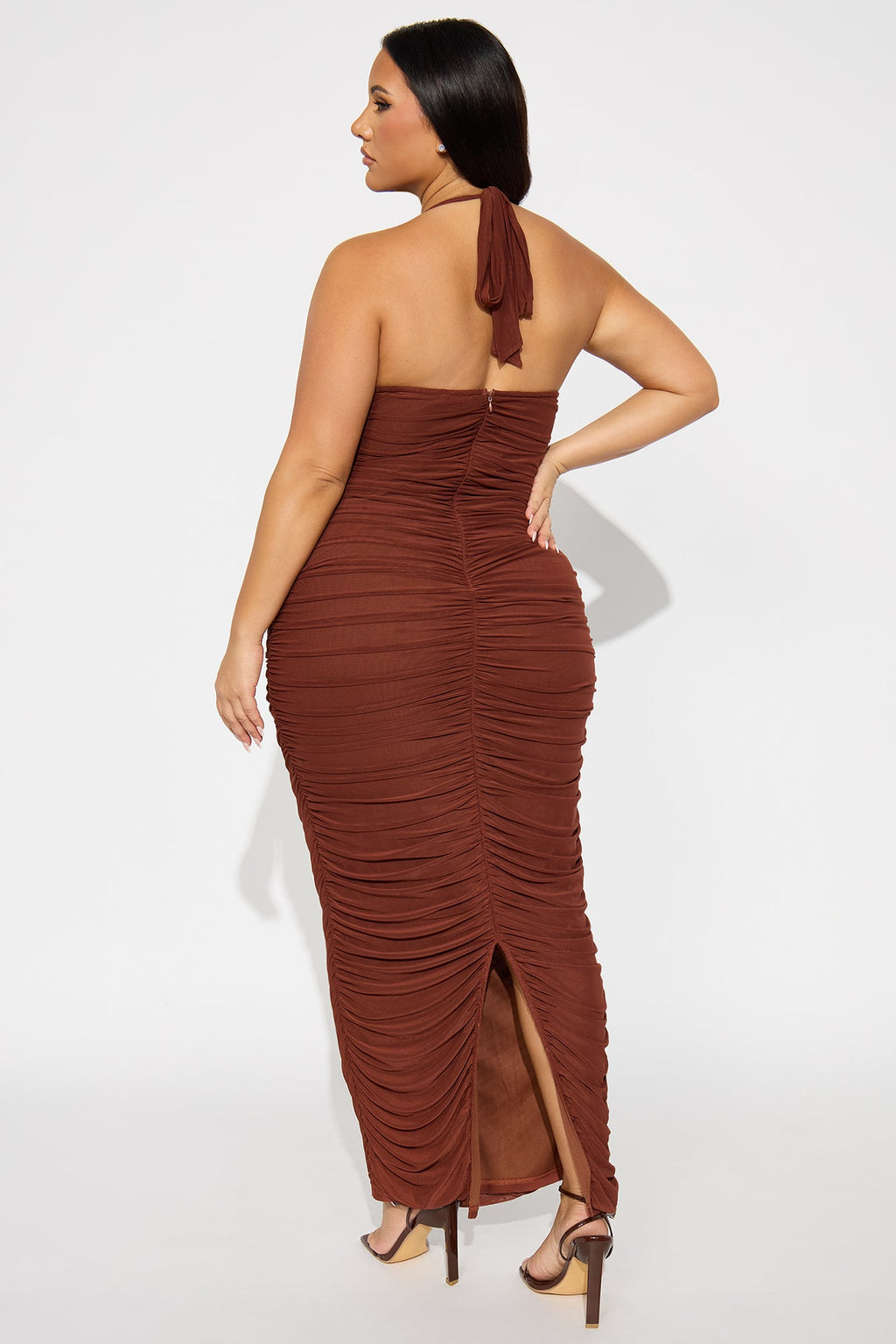 Julia Ruched Mesh Maxi Dress - Brown