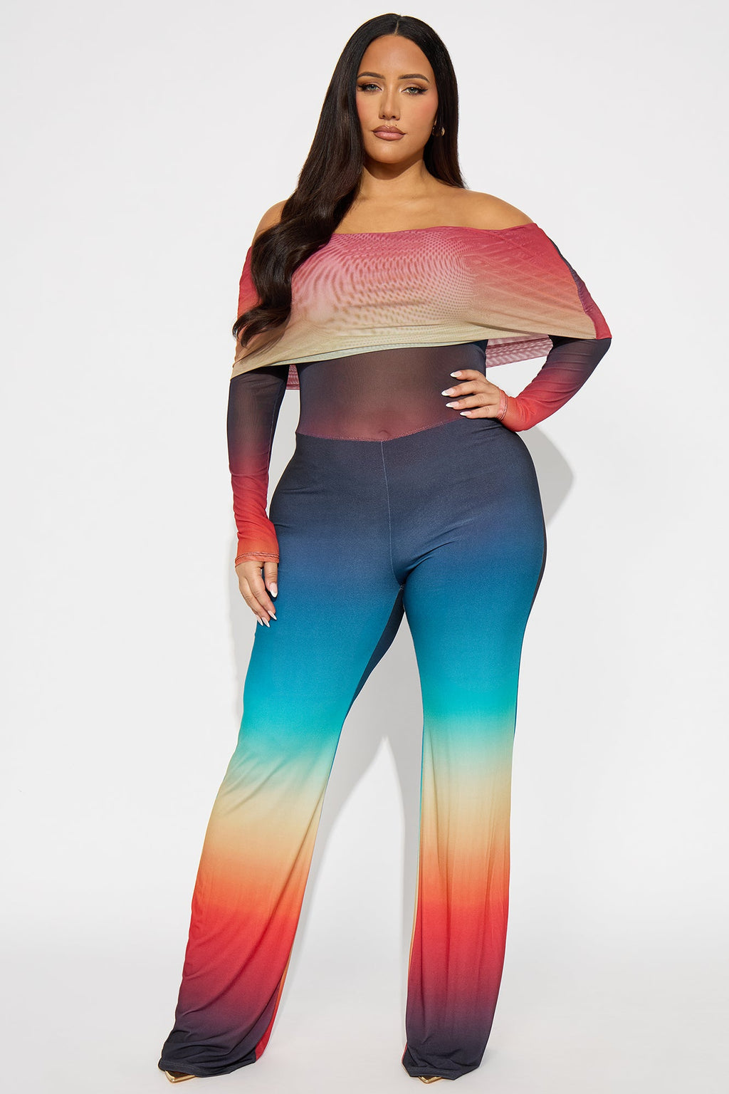 Eclectic Mesh Off Shoulder Flare Leg Pant Set - Multi Color