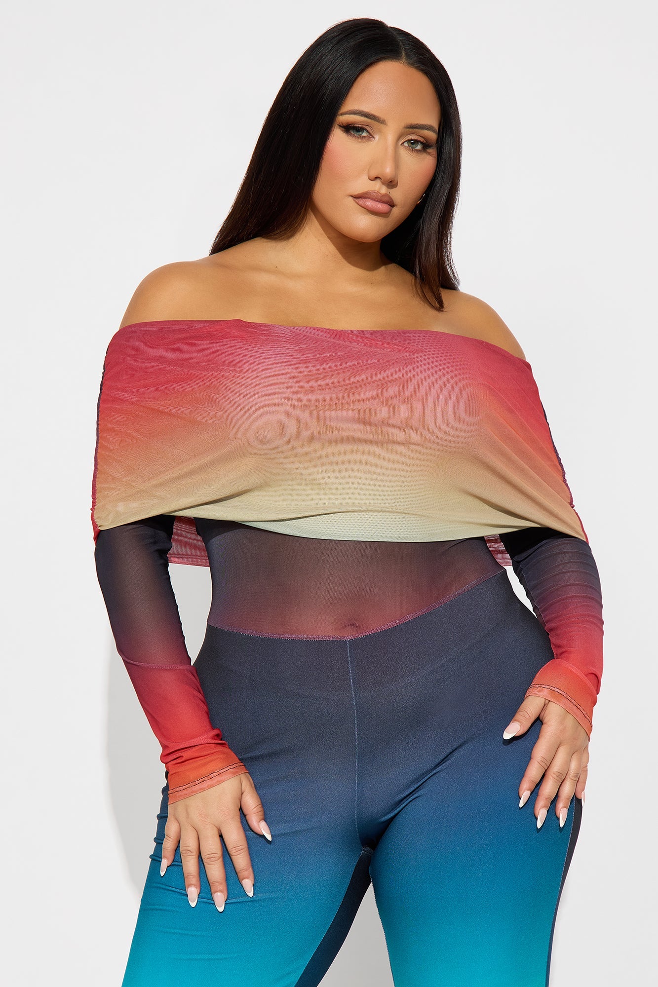 Eclectic Mesh Off Shoulder Flare Leg Pant Set - Multi Color