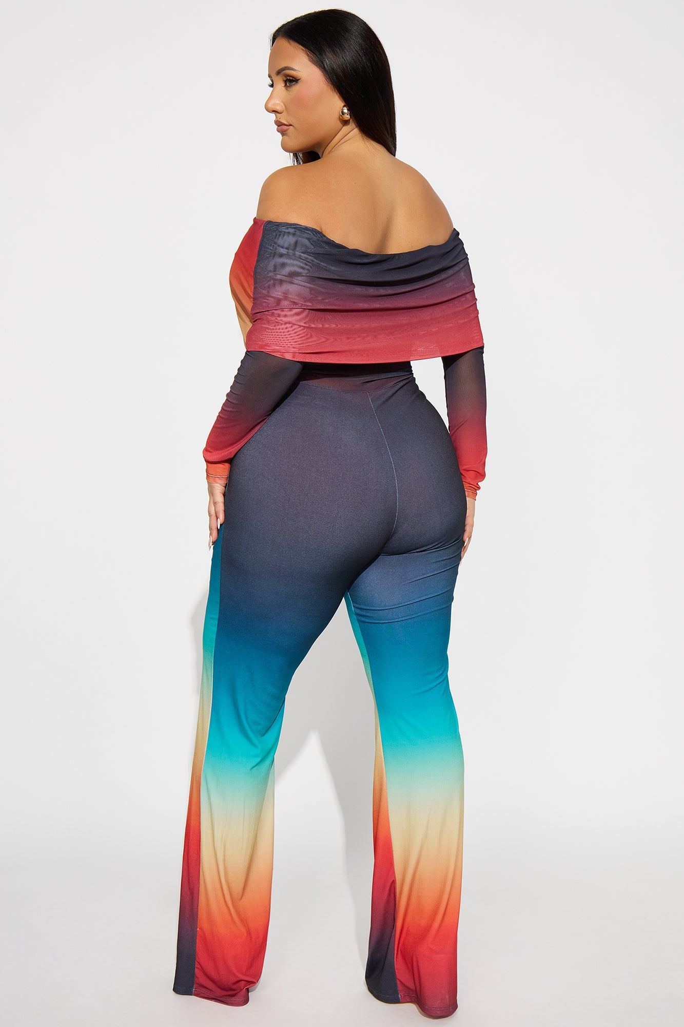 Eclectic Mesh Off Shoulder Flare Leg Pant Set - Multi Color