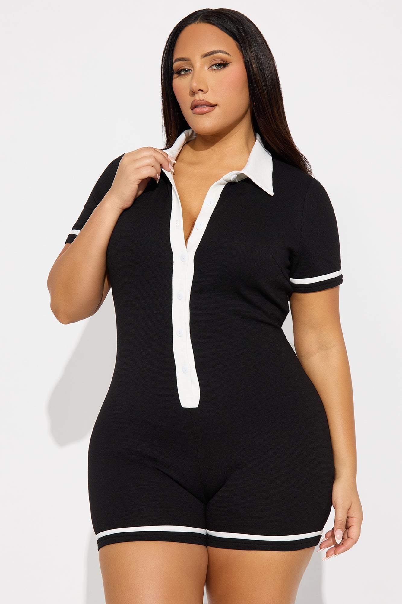 Get Together Ribbed Collar Romper - Black/White