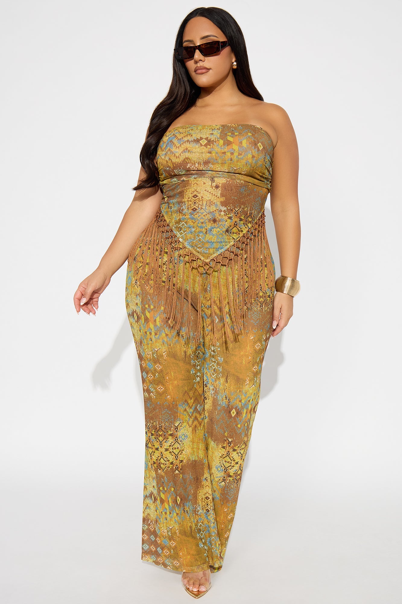 Burned Loved Fringe Tube Top Flare Pant Set - Brown/combo