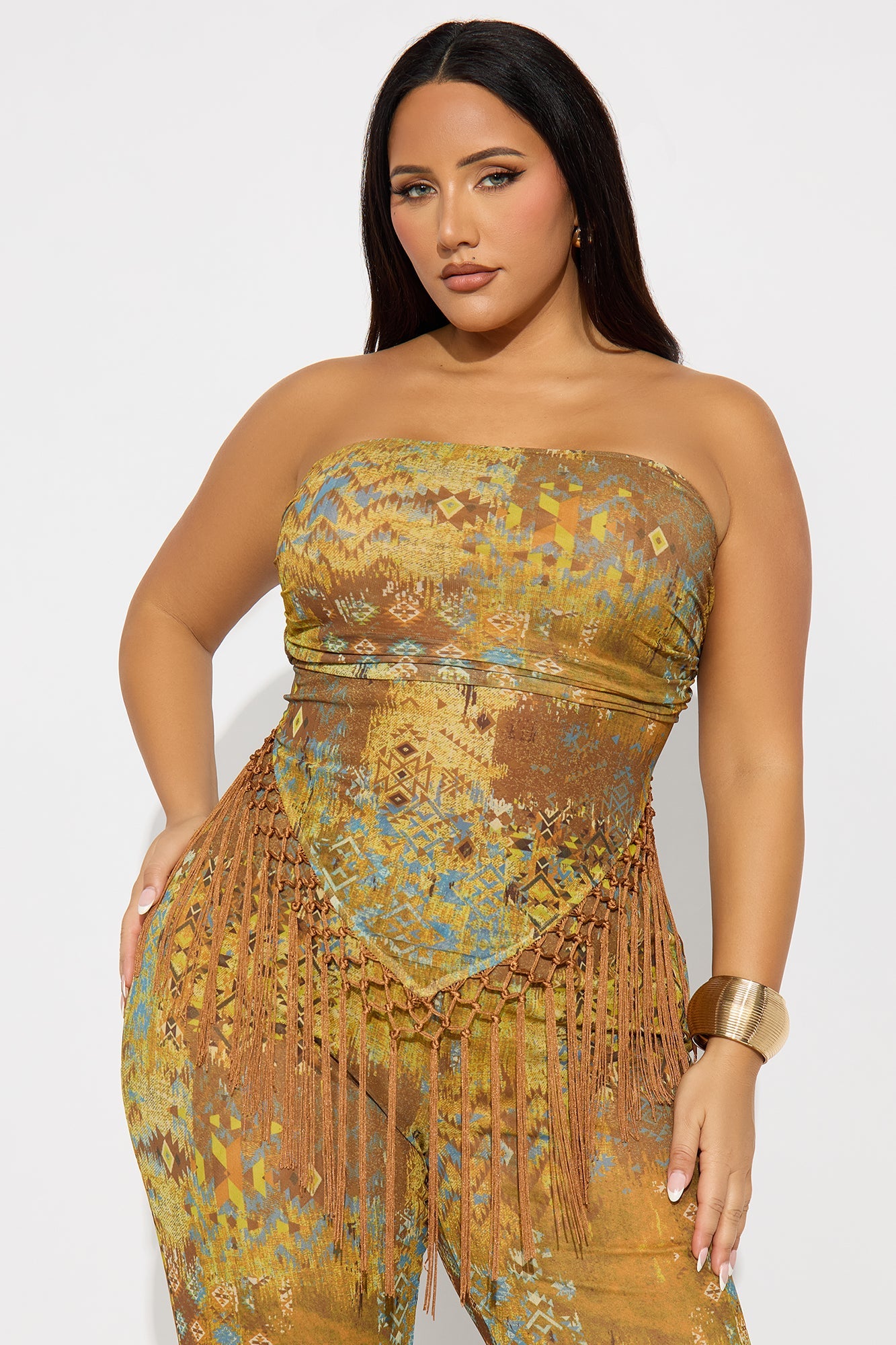 Burned Loved Fringe Tube Top Flare Pant Set - Brown/combo
