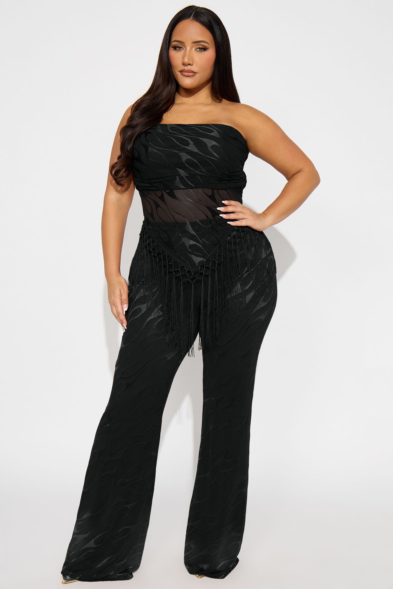 Pia Fringe Tube Top Flare Pant Set - Black