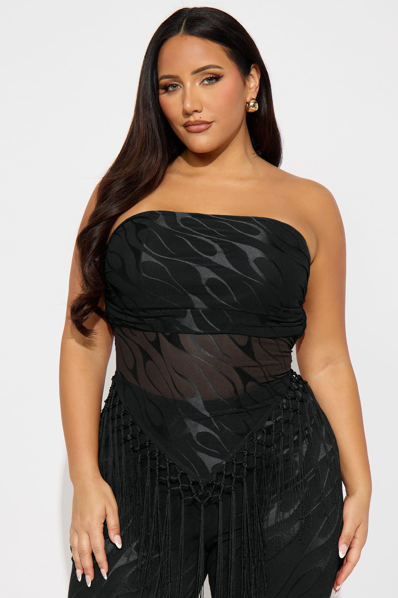 Pia Fringe Tube Top Flare Pant Set - Black