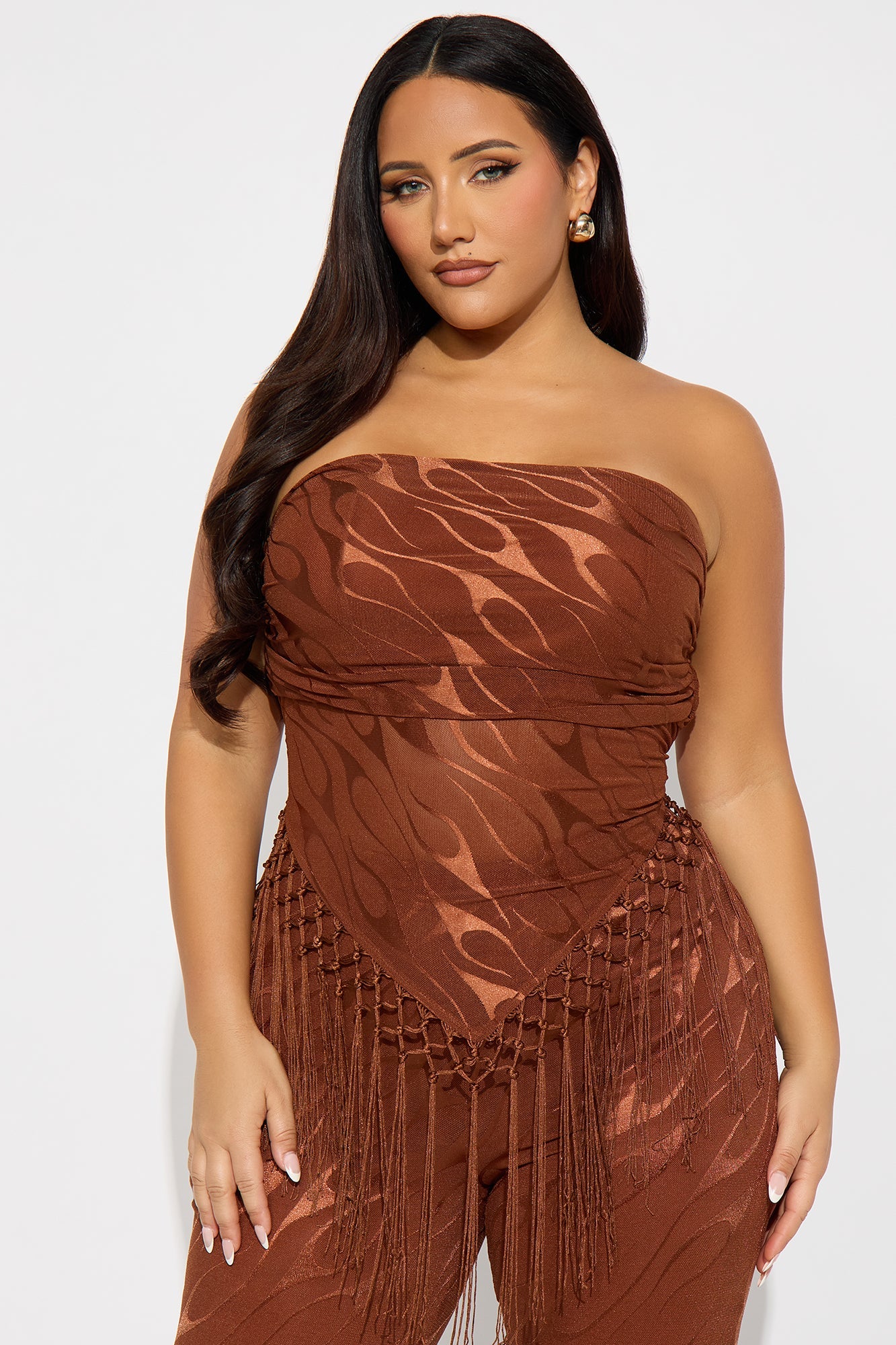 Pia Fringe Tube Top Flare Pant Set - Rust