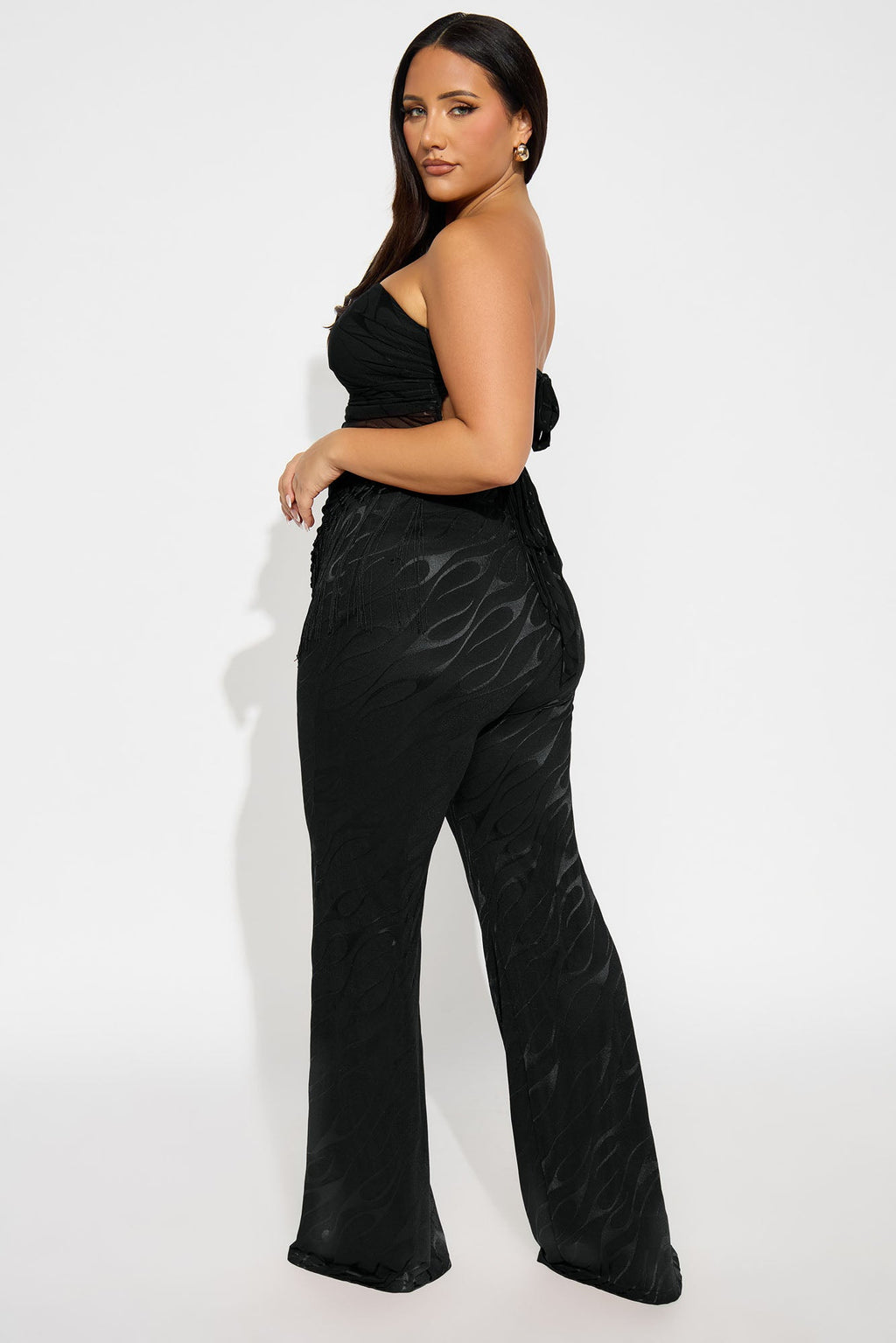 Pia Fringe Tube Top Flare Pant Set - Black