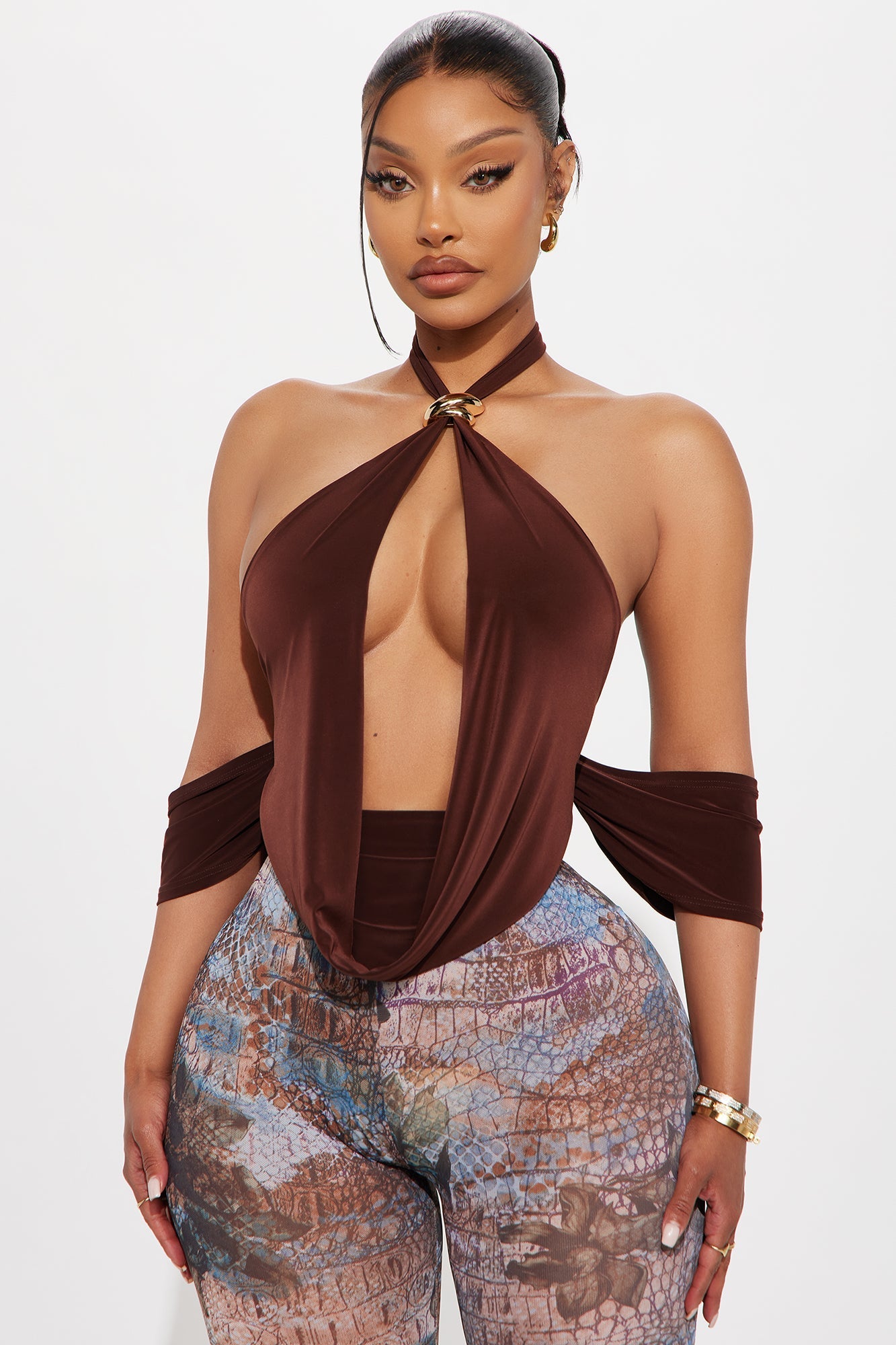 Joni Y Neck Backless Halter Top - Chocolate