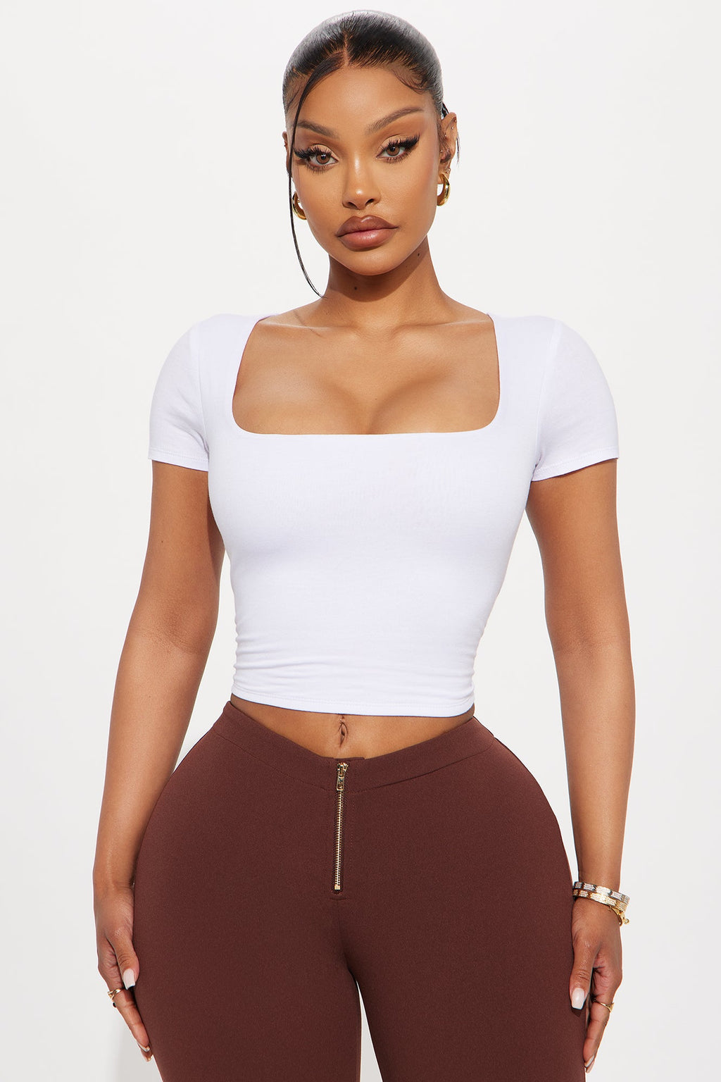 Adriana Double Lined Square Neck Short Sleeve Top - White