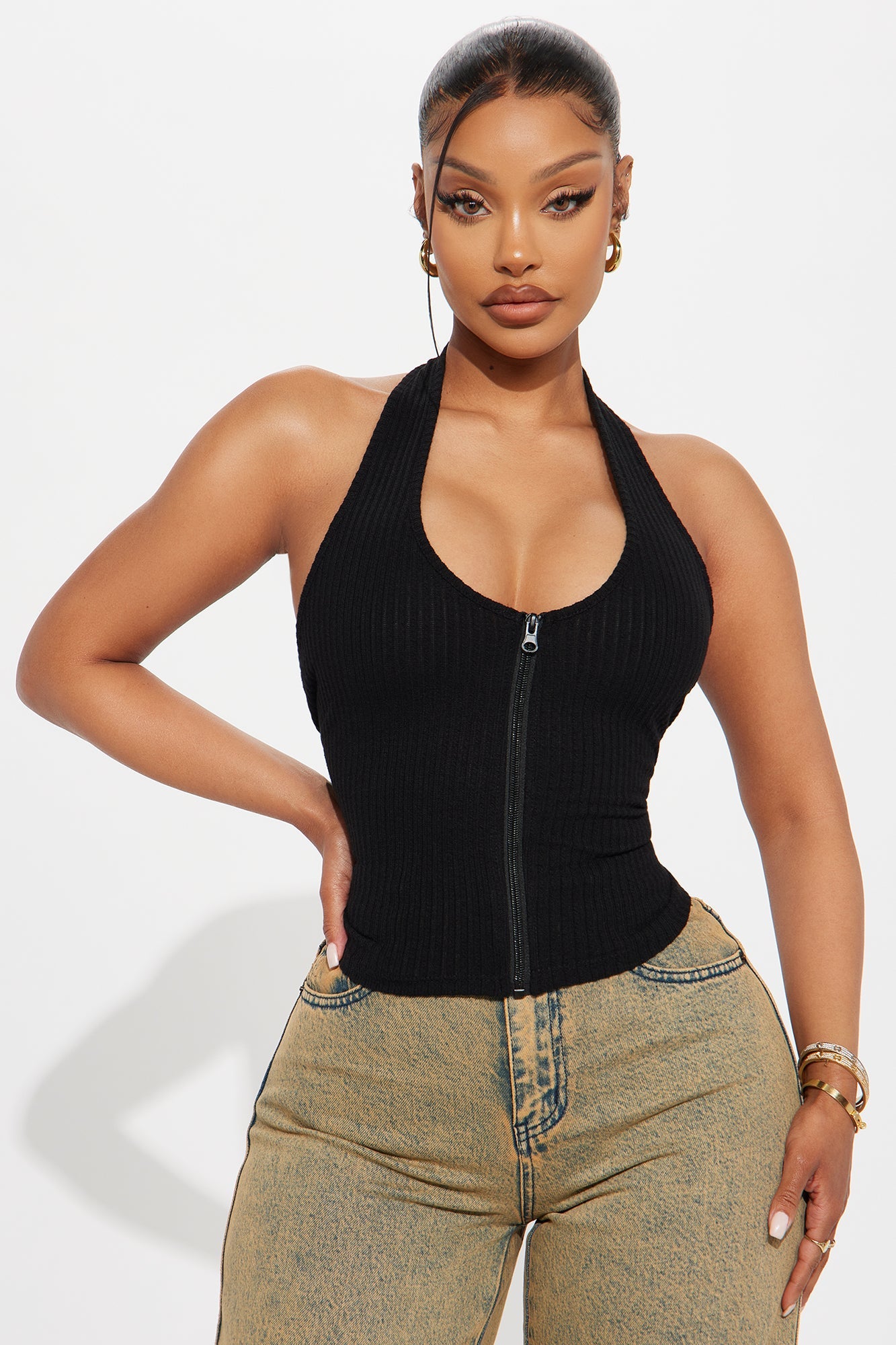 Jessi Ribbed Halter Top - Black