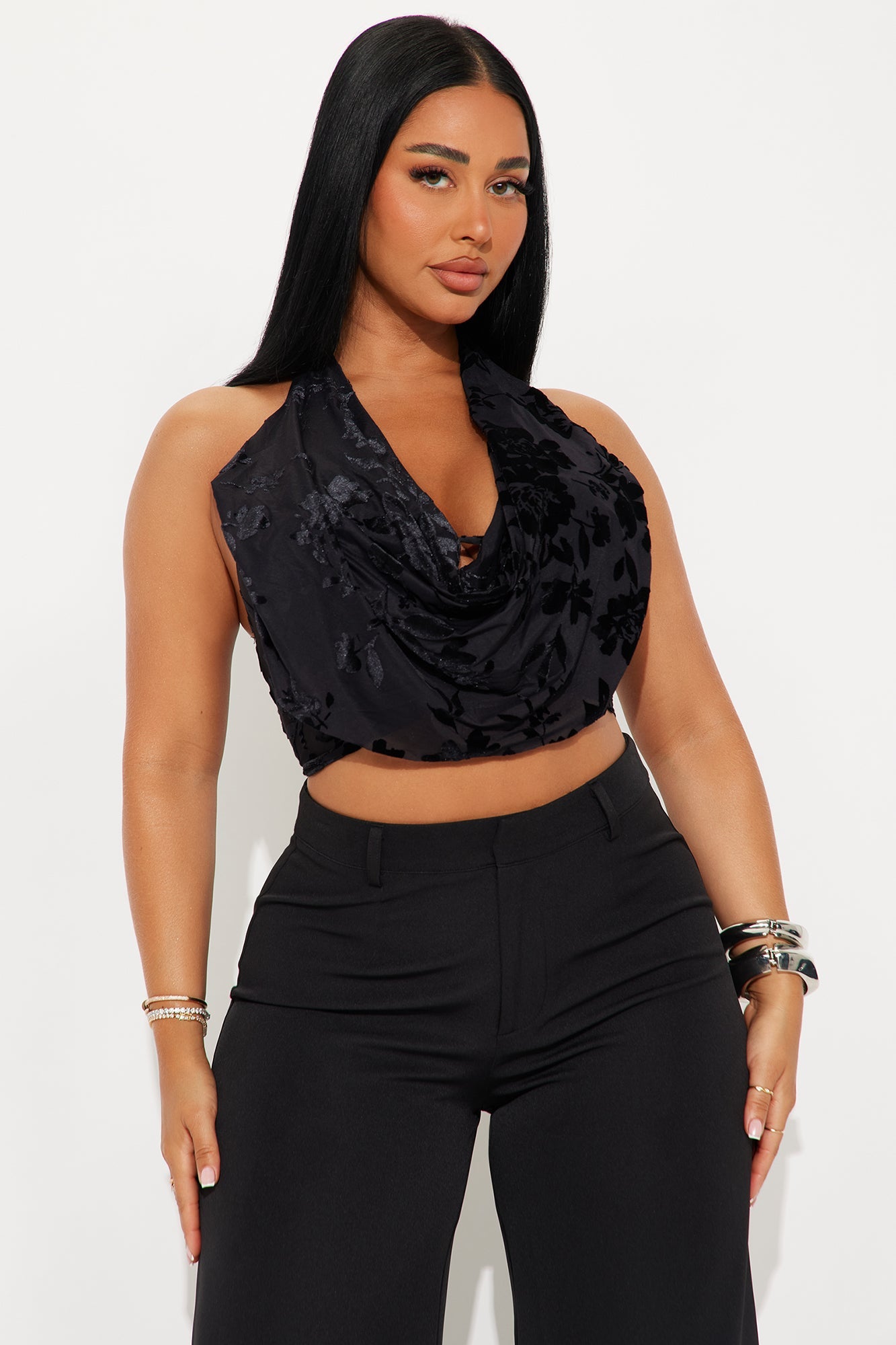 Priscilla Flocked Cowl Neck Halter Top - Black