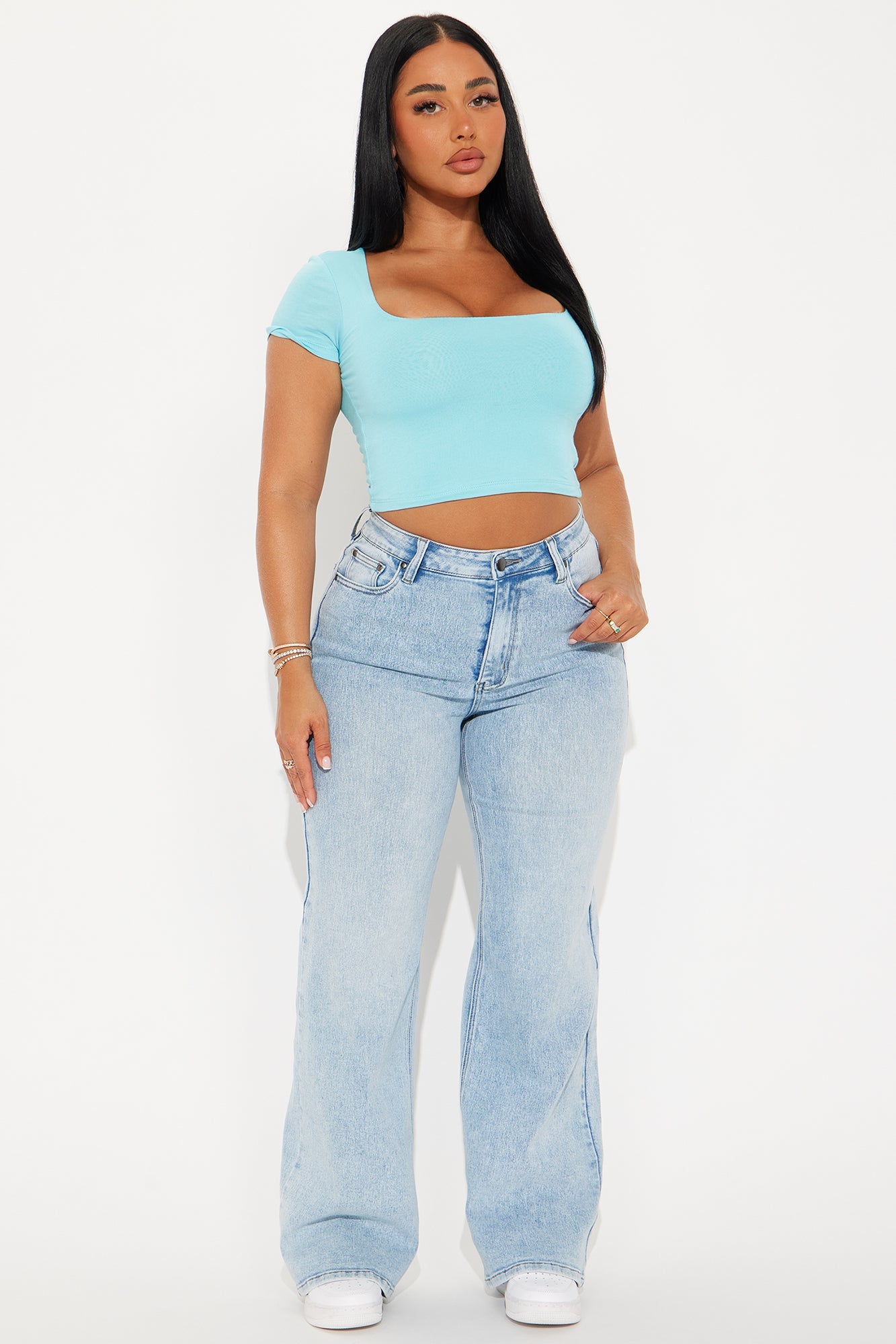 Adriana Double Lined Square Neck Short Sleeve Top - Ice Blue