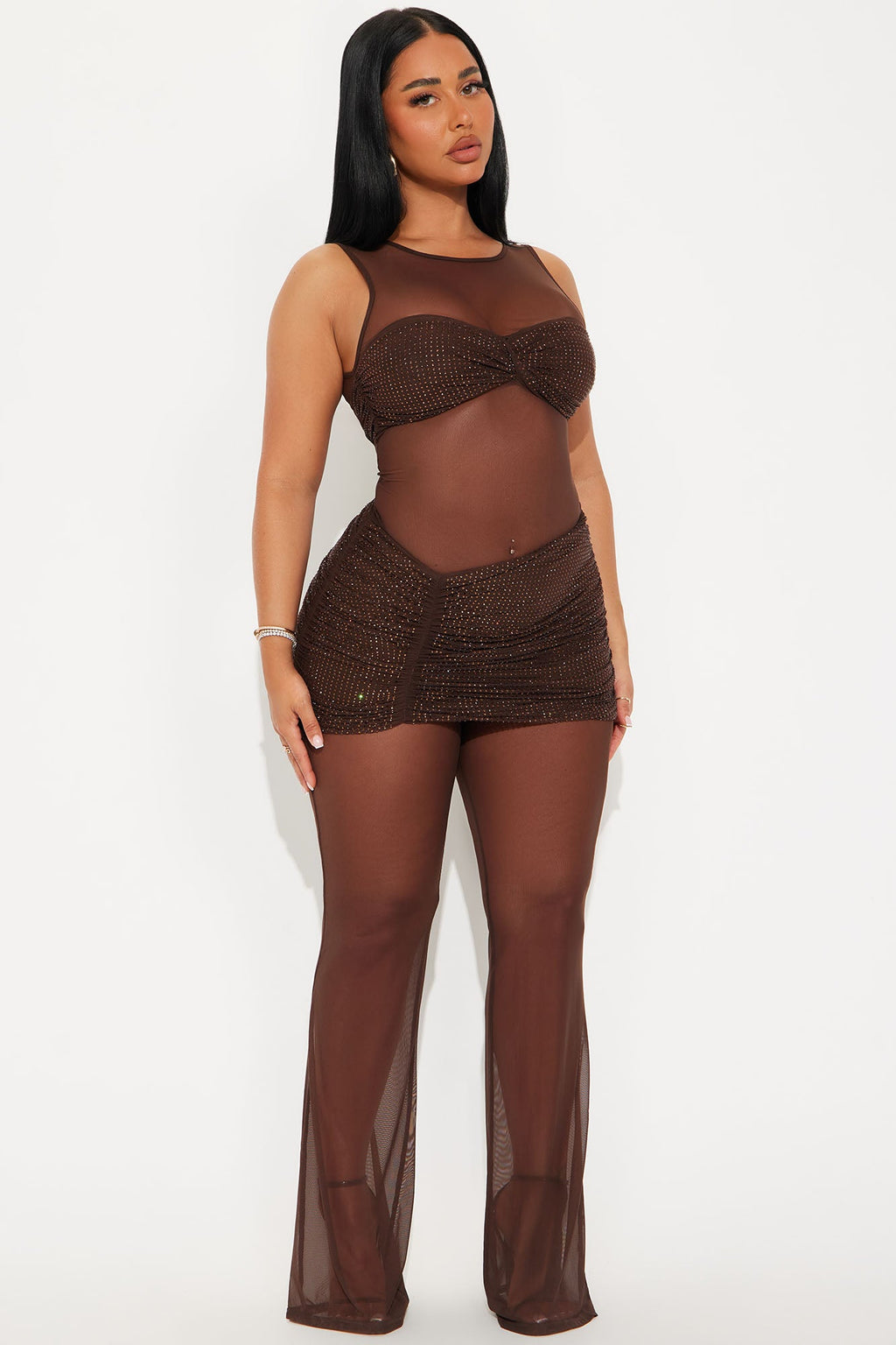 Diamond Diva Embellished Mesh Jumpsuit - Brown