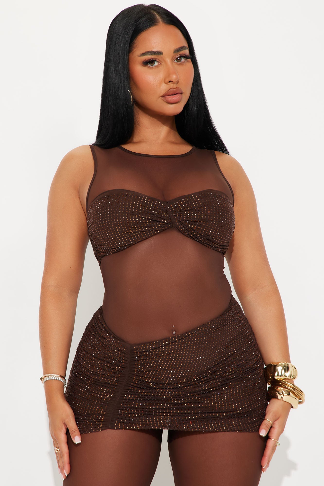 Diamond Diva Embellished Mesh Jumpsuit - Brown