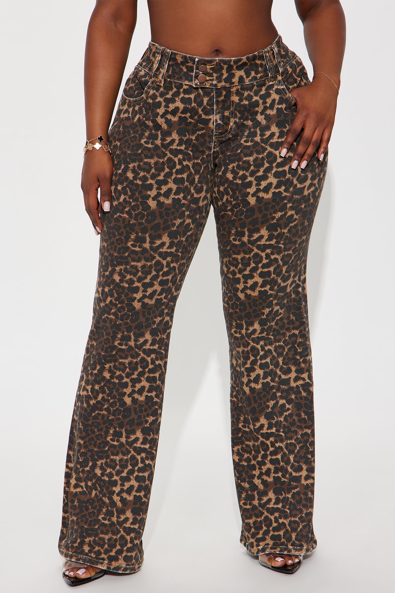 Wild One Leopard Print Flare Jeans - Brown/combo