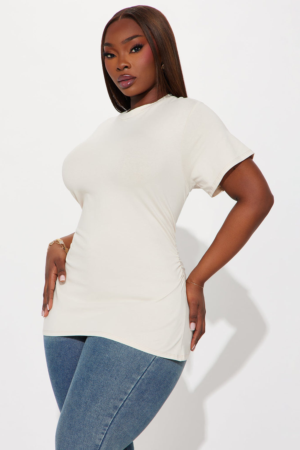 Simply Me Ruched Short Sleeve T-Shirt - Cream