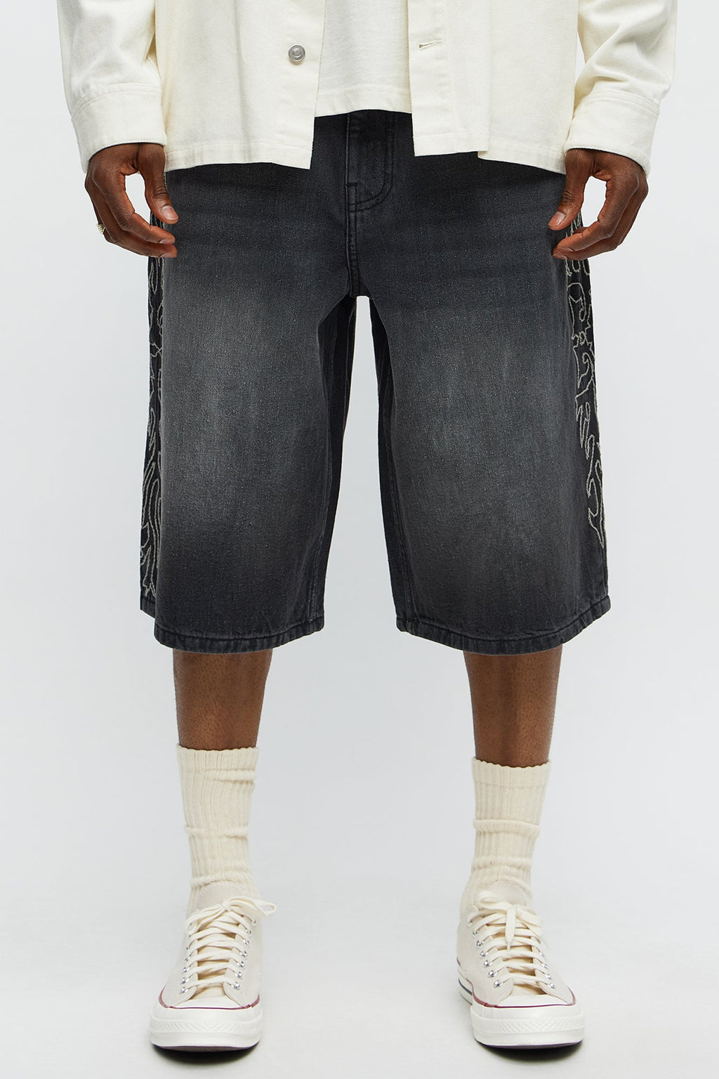 Be Resilient Embroidered Denim Shorts  - Black Wash