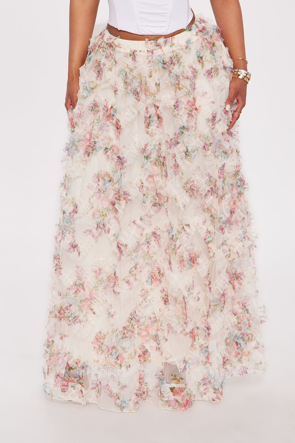 Giselle Mesh Floral Print Maxi Skirt - Blush