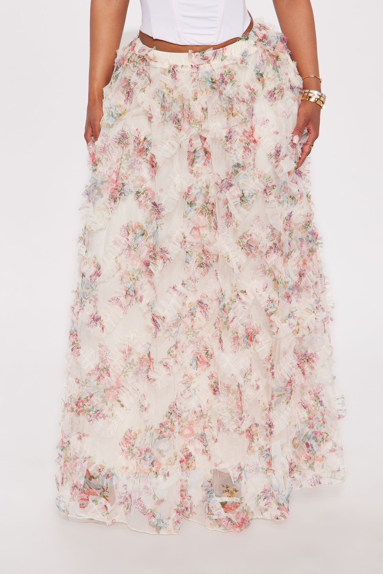 Giselle Mesh Floral Print Maxi Skirt - Blush