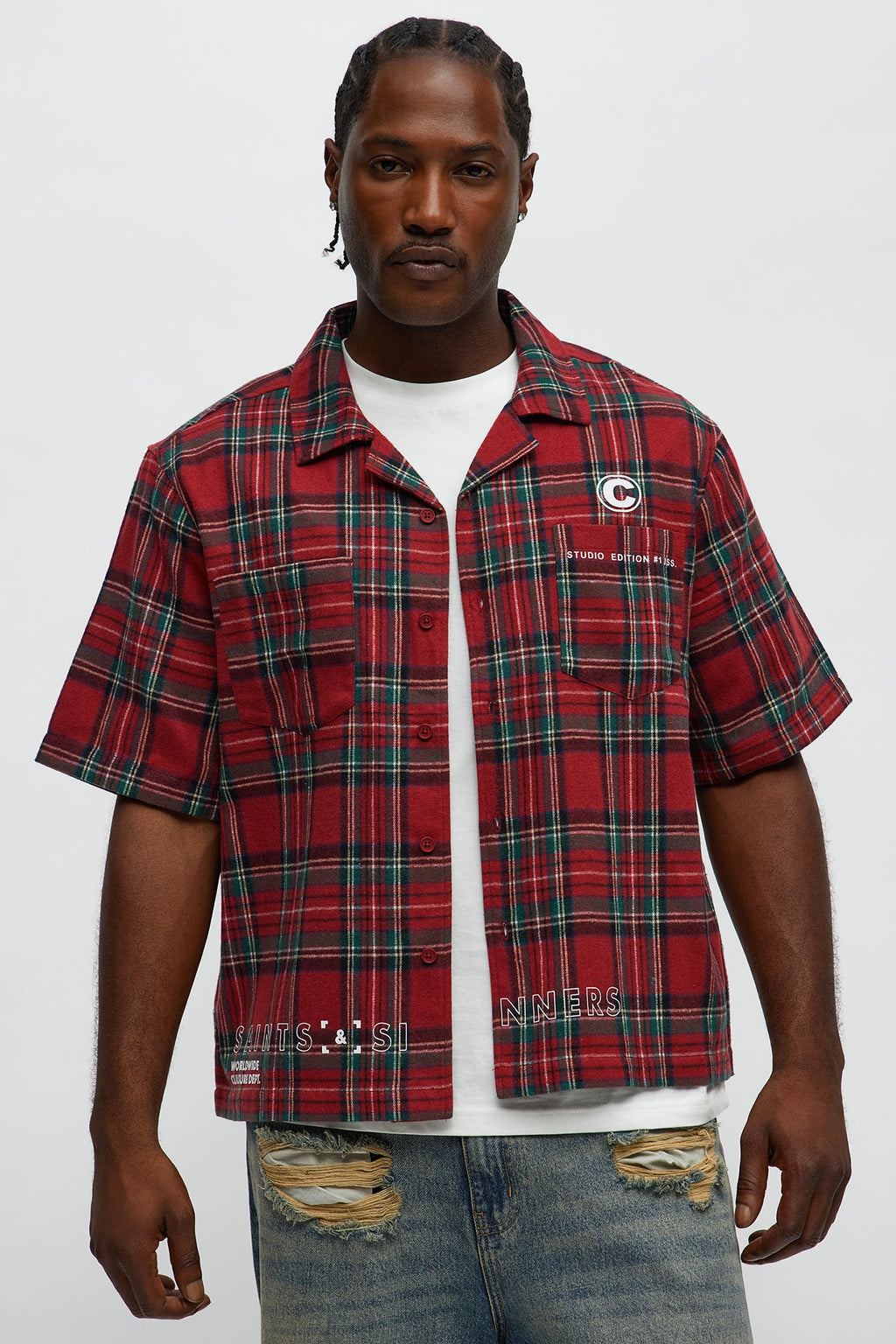 Culture Plaid Cropped Button Up Shirt - Red