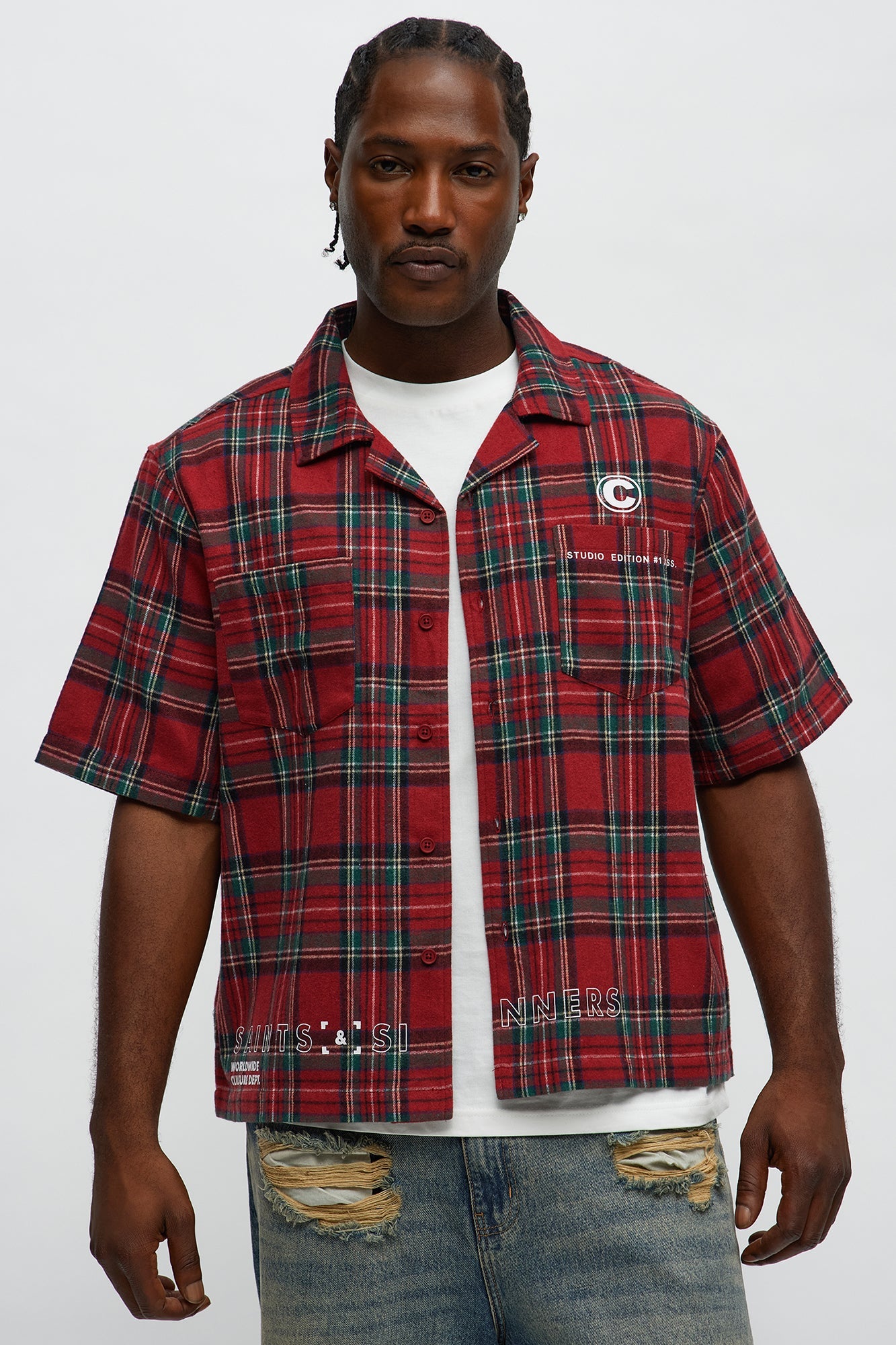 Culture Plaid Cropped Button Up Shirt - Red