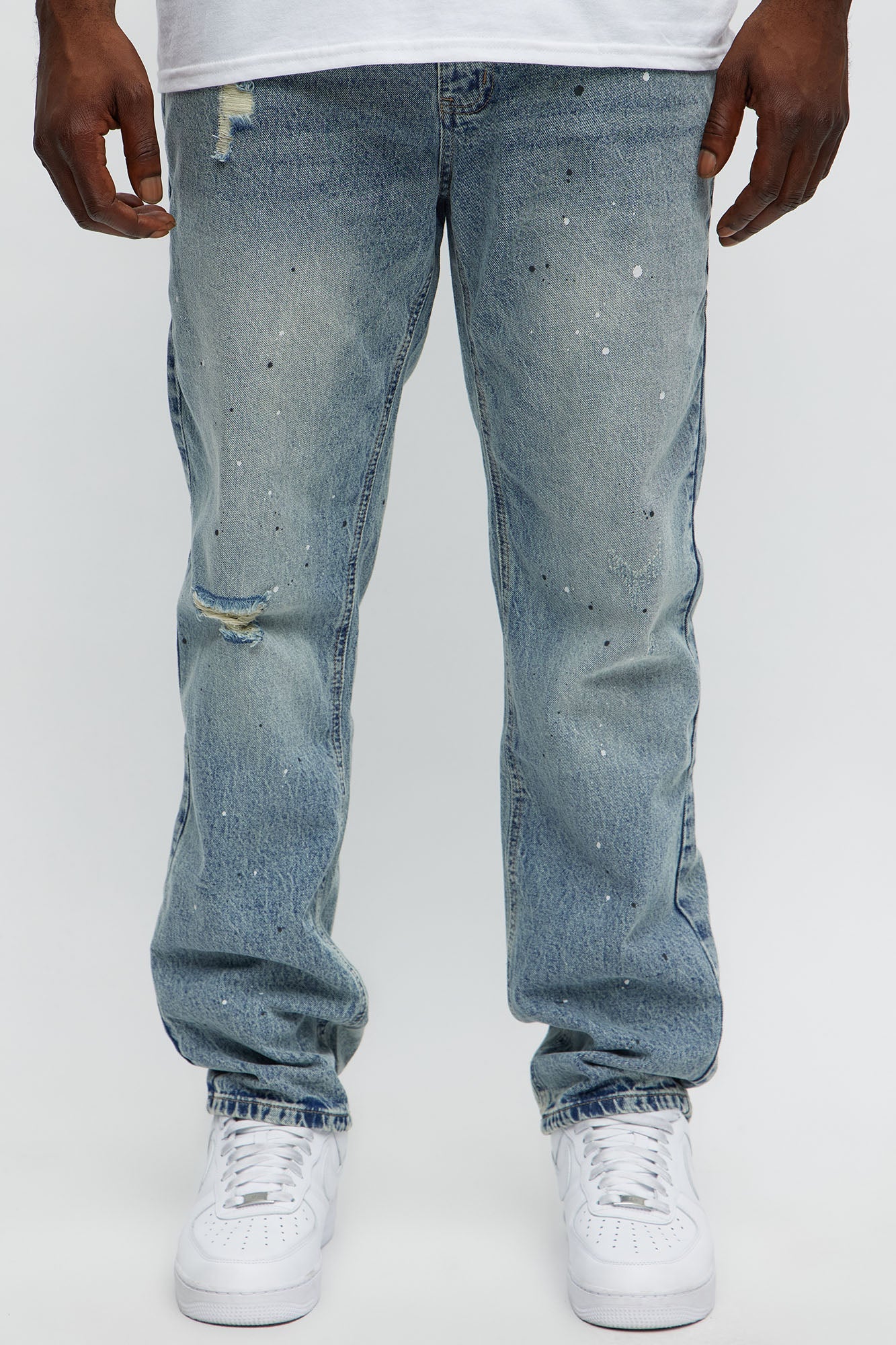 Sensible Paint Splot Distressed Slim Jeans - Medium Blue Wash