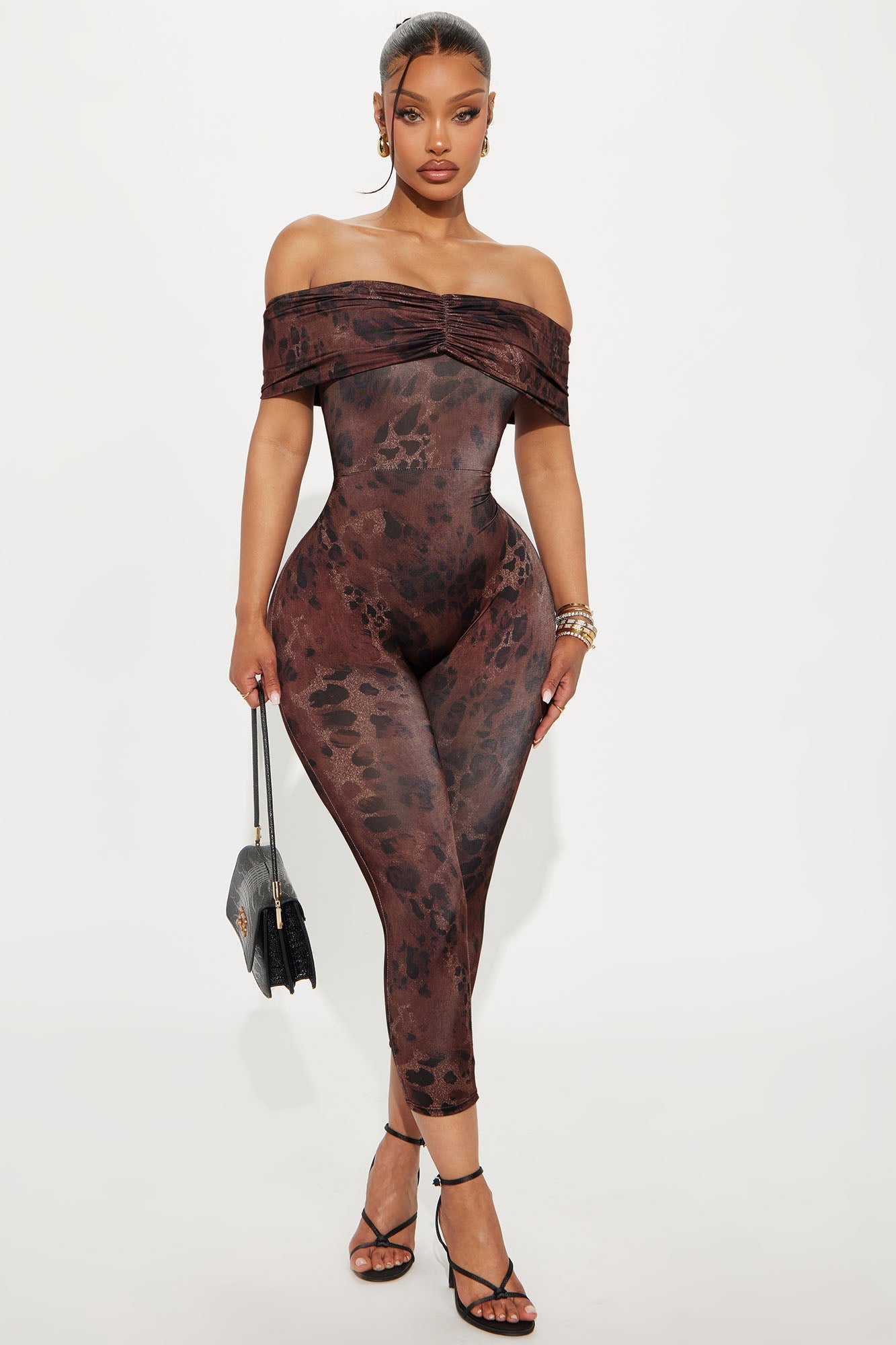 Paulina Off Shoulder Capri Jumpsuit - Chocolate/Combo