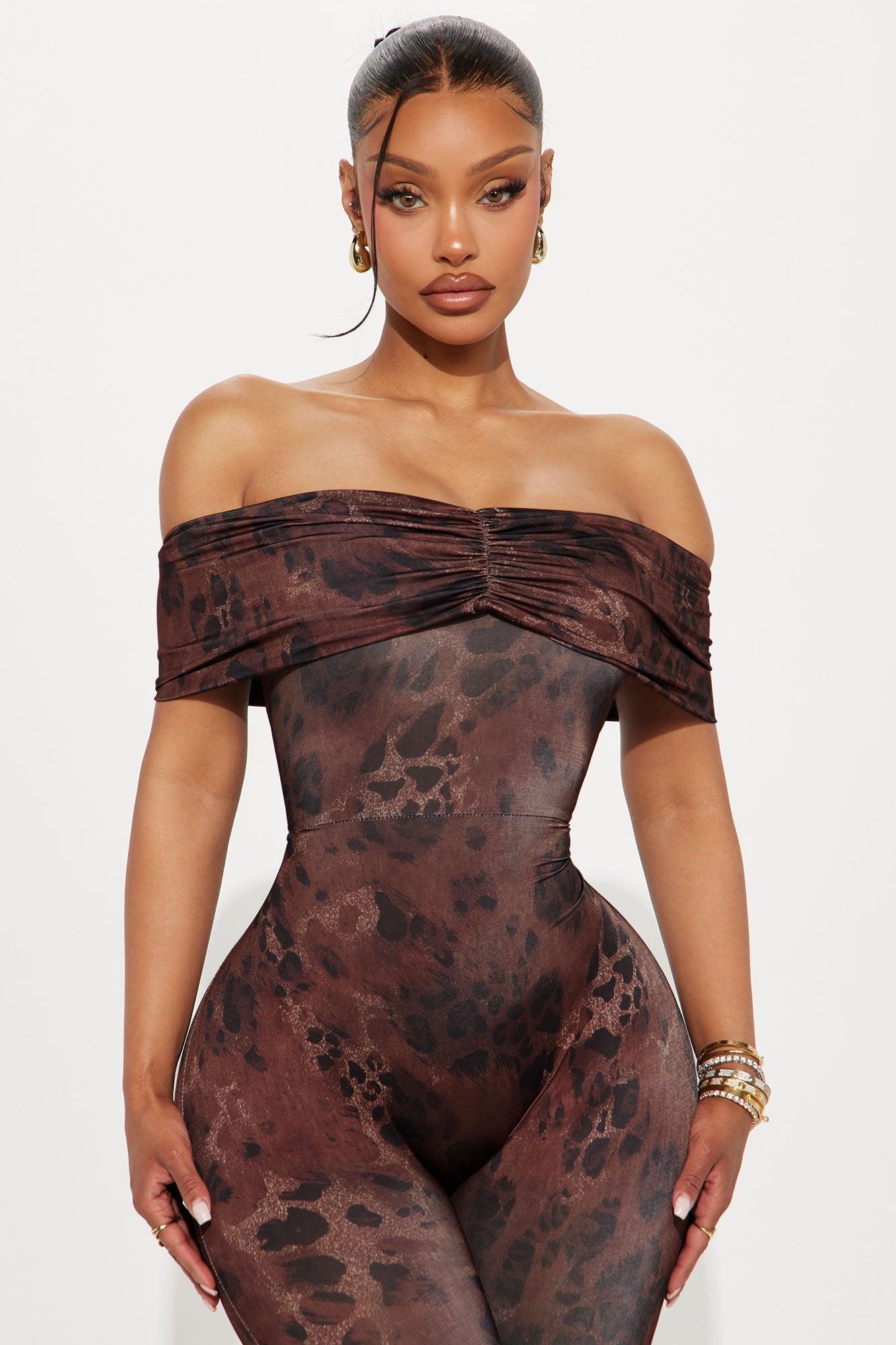 Paulina Off Shoulder Capri Jumpsuit - Chocolate/Combo