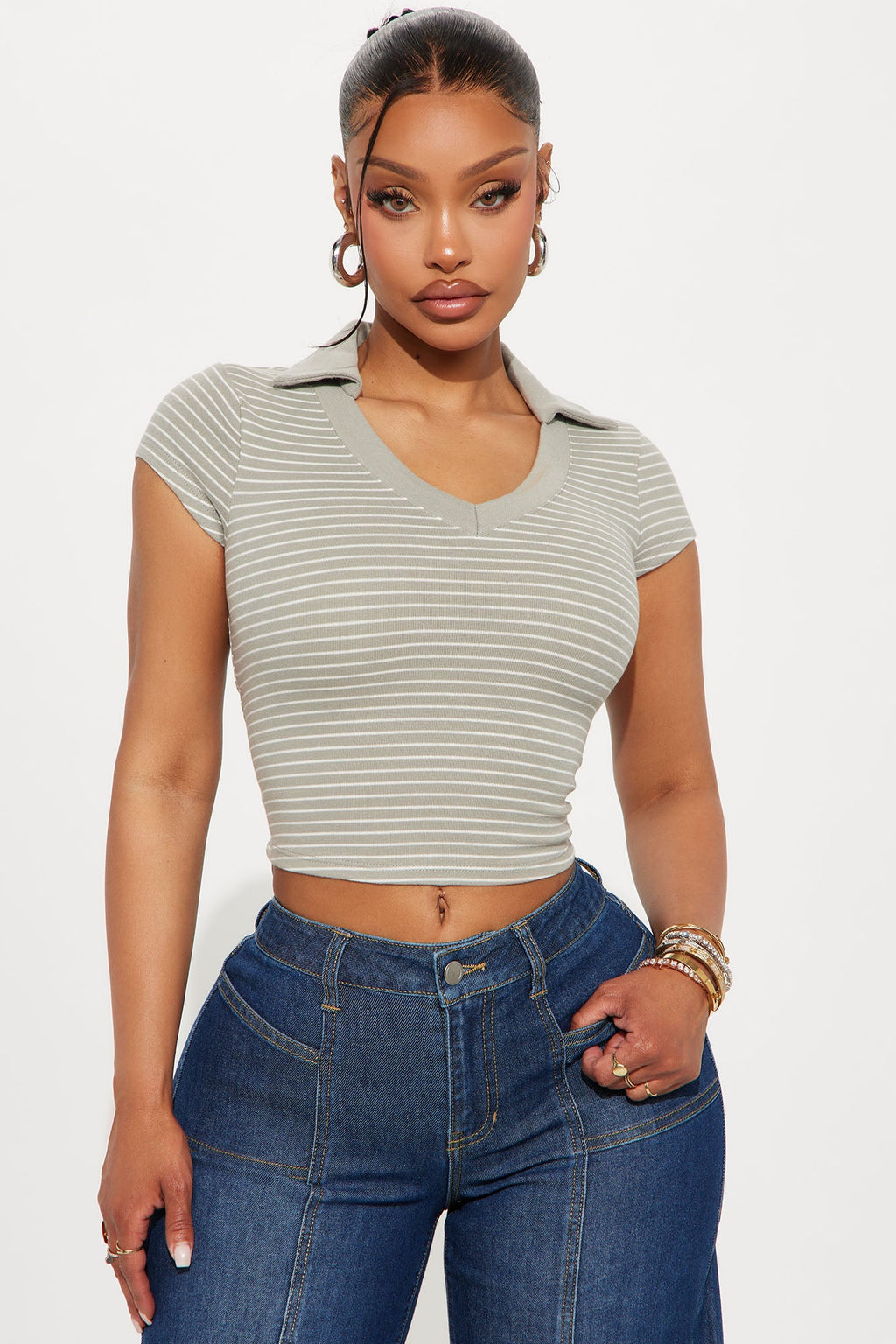 Simi Striped Polo Top - Olive/combo