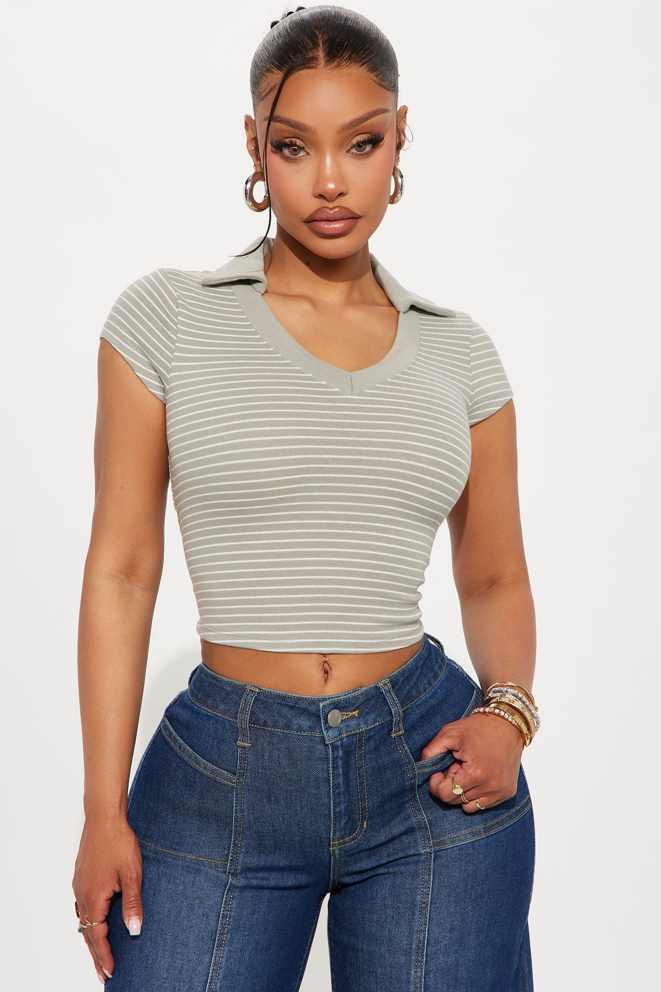 Simi Striped Polo Top - Olive/combo