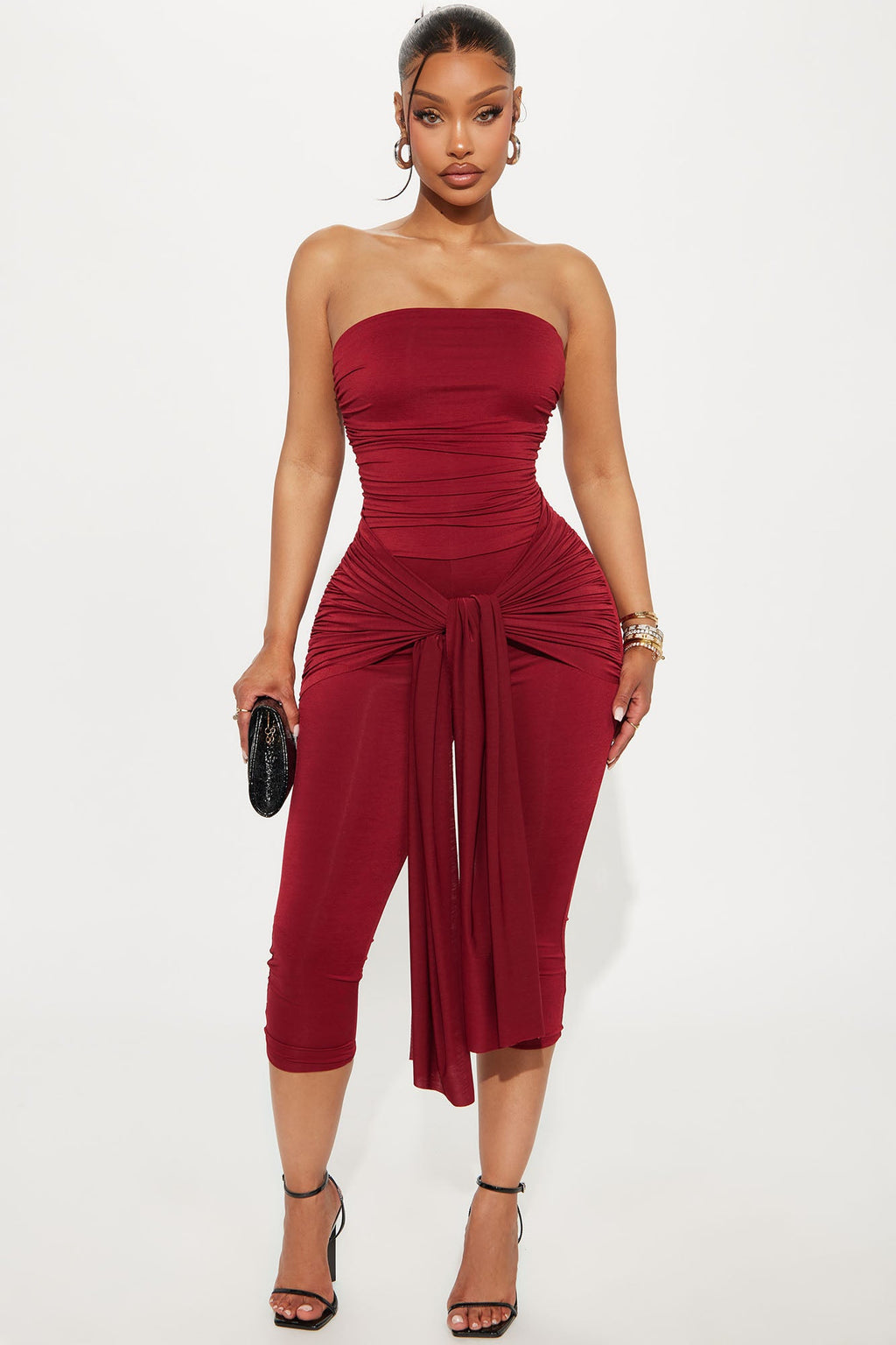 Emma Ruched Capri Jumpsuit - Burgundy