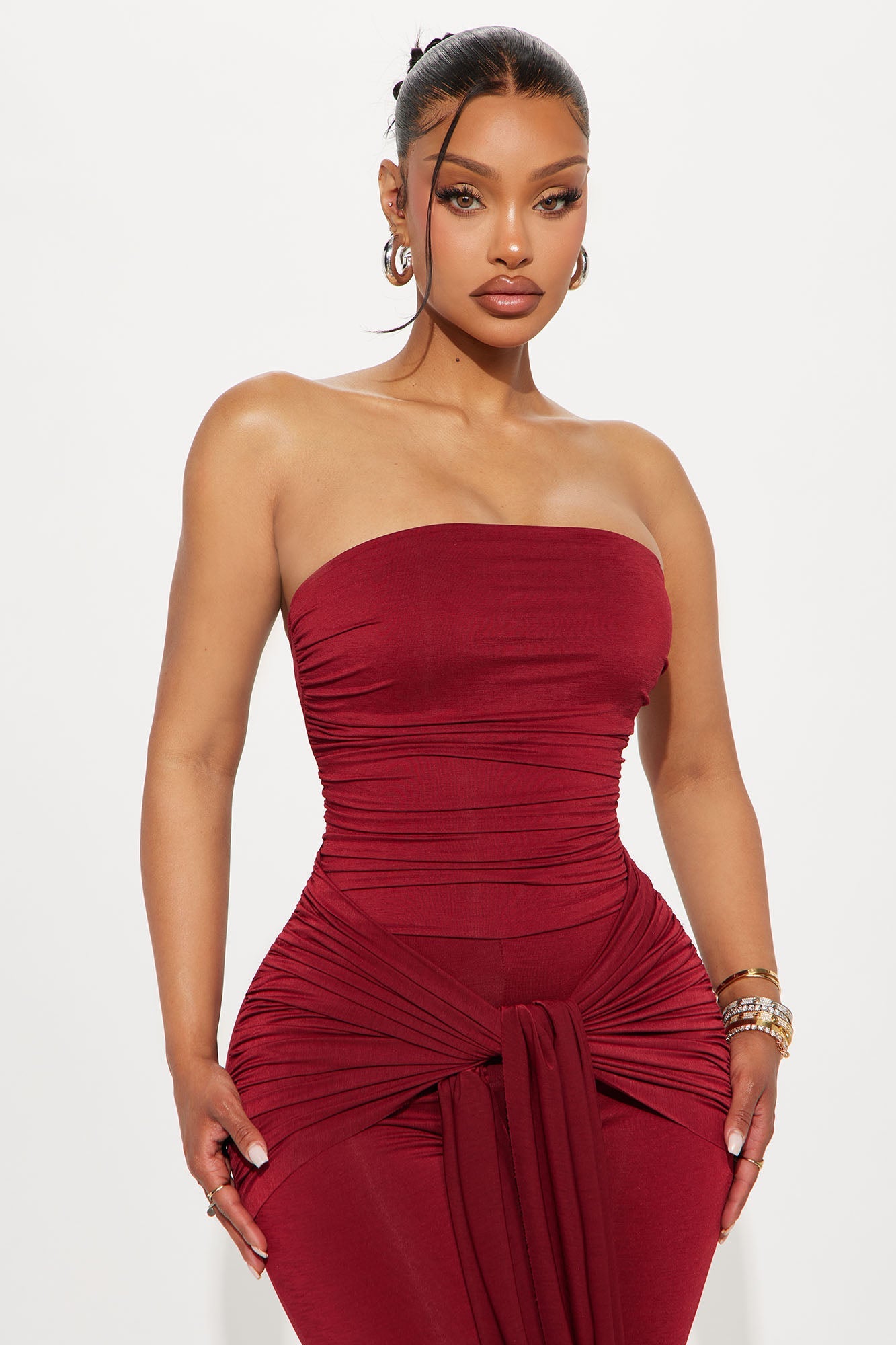 Emma Ruched Capri Jumpsuit - Burgundy