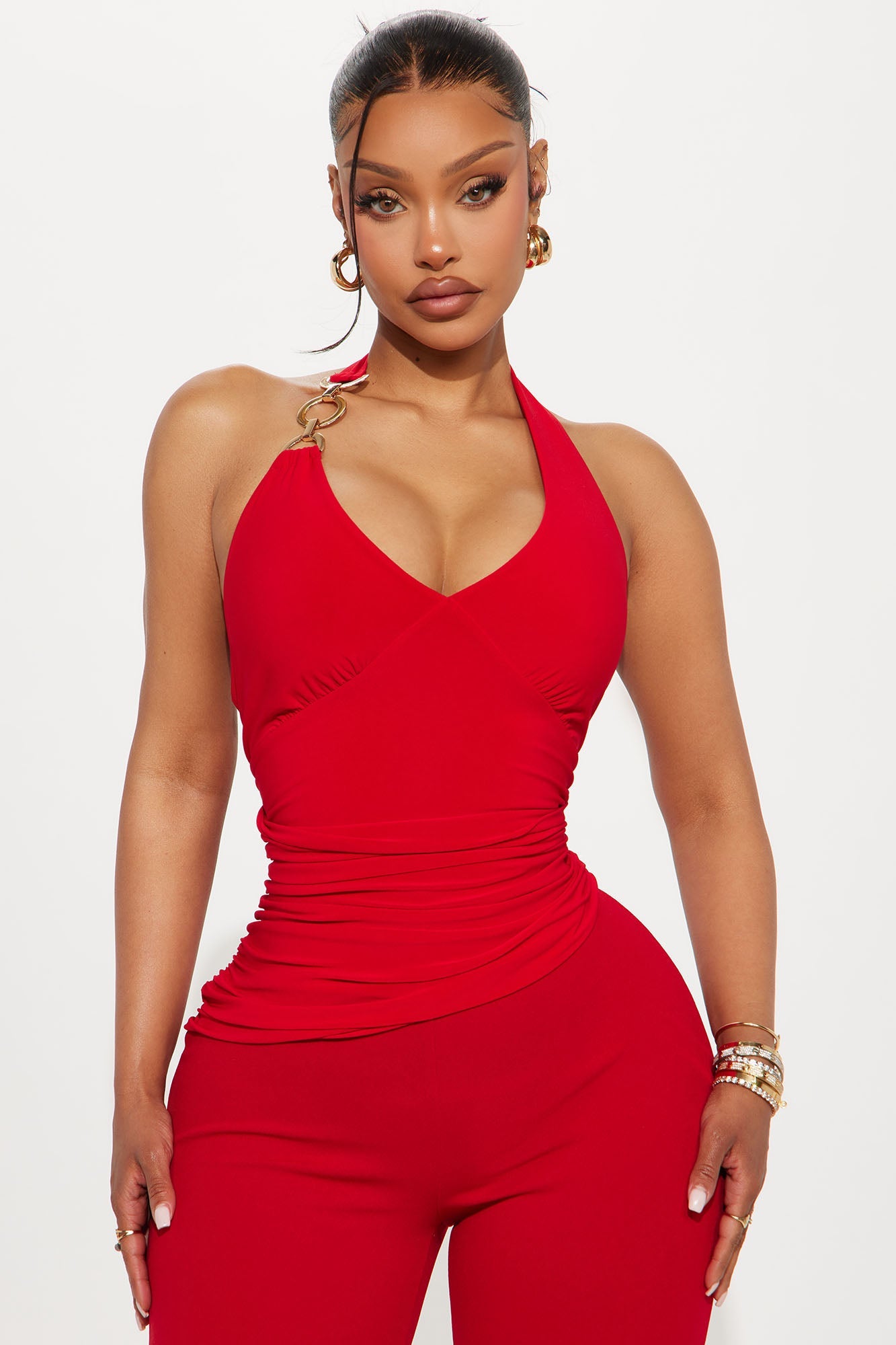 His Fantasy Halter Flare Leg Jumpsuit - Red