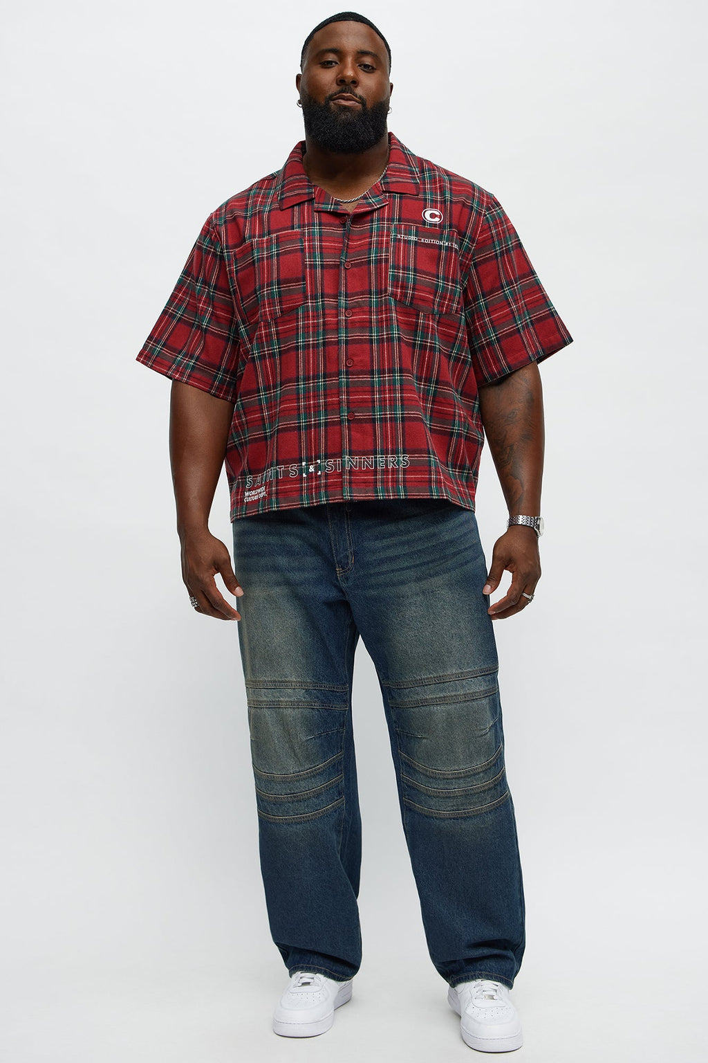 Culture Plaid Cropped Button Up Shirt - Red