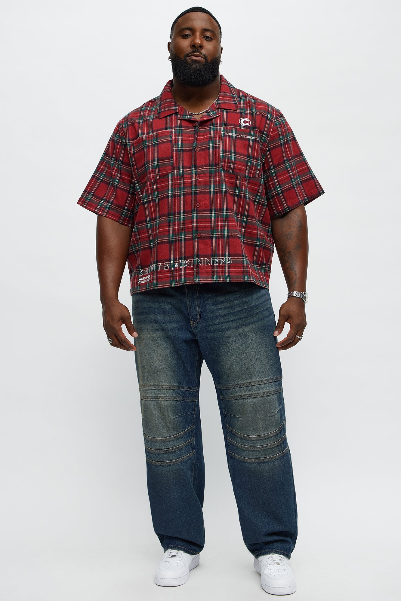 Culture Plaid Cropped Button Up Shirt - Red