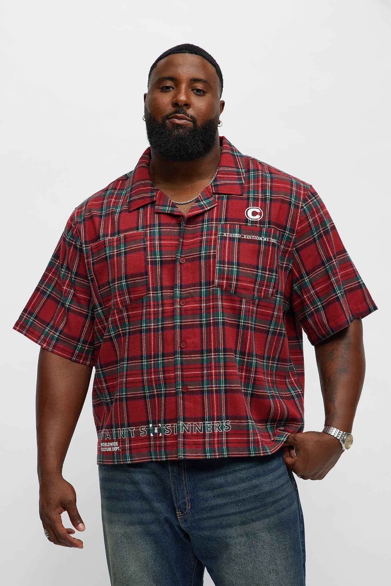Culture Plaid Cropped Button Up Shirt - Red