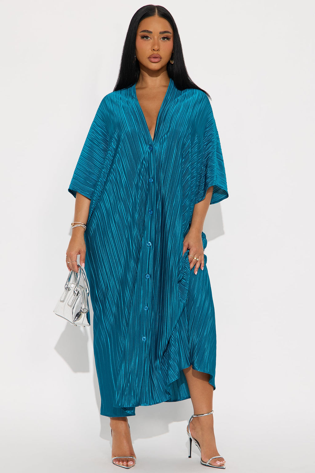 Isa Plisse Maxi Shirt Dress - Teal