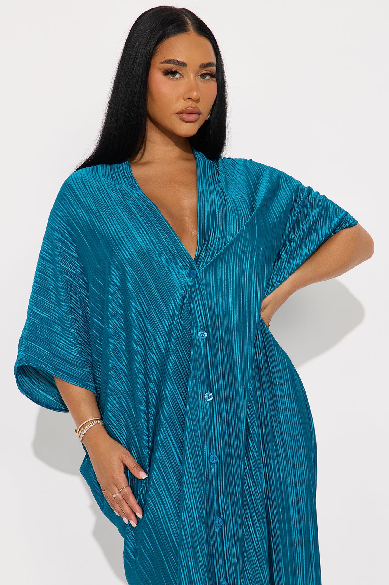 Isa Plisse Maxi Shirt Dress - Teal