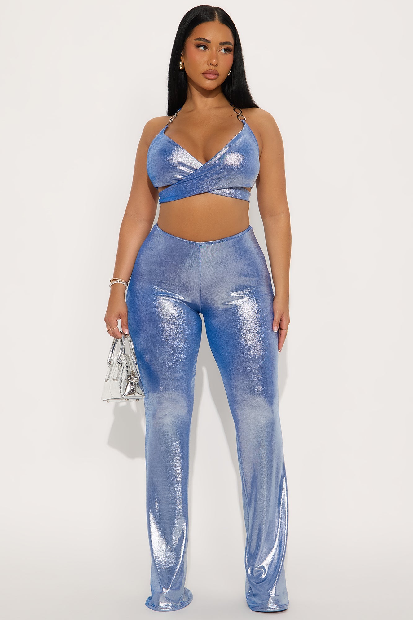 Aftershock Metallic Slinky Pant Set - Blue