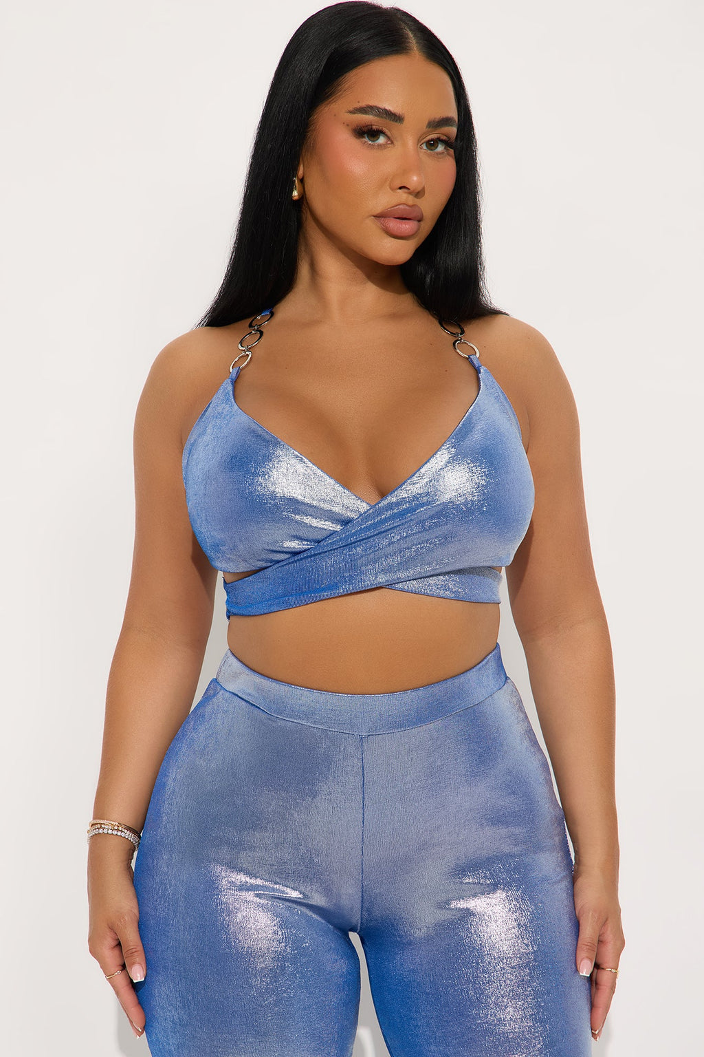 Aftershock Metallic Slinky Pant Set - Blue