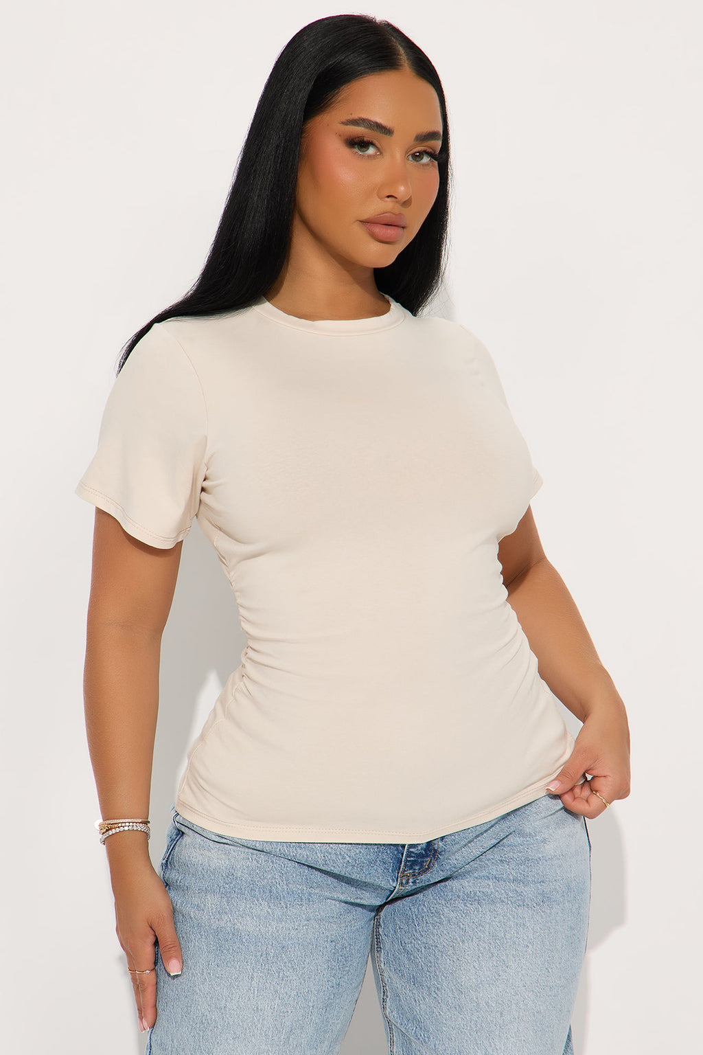 Simply Me Ruched Short Sleeve T-Shirt - Cream