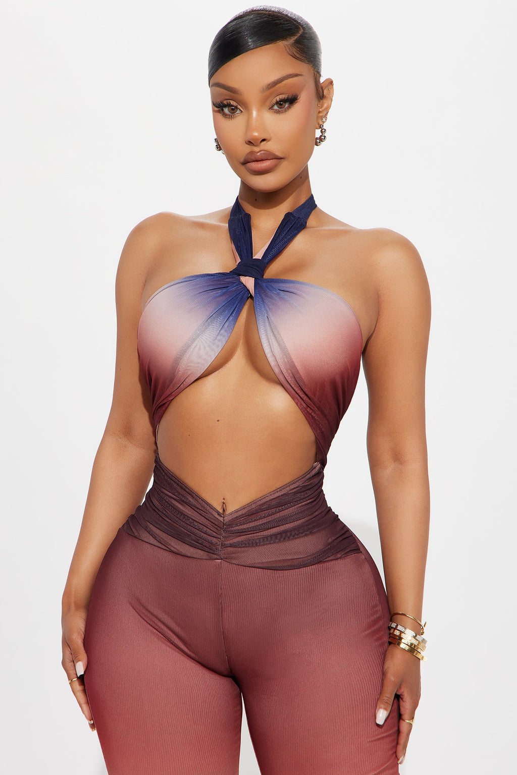 Lasting Glow Mesh Ombre Jumpsuit - Burgundy/combo