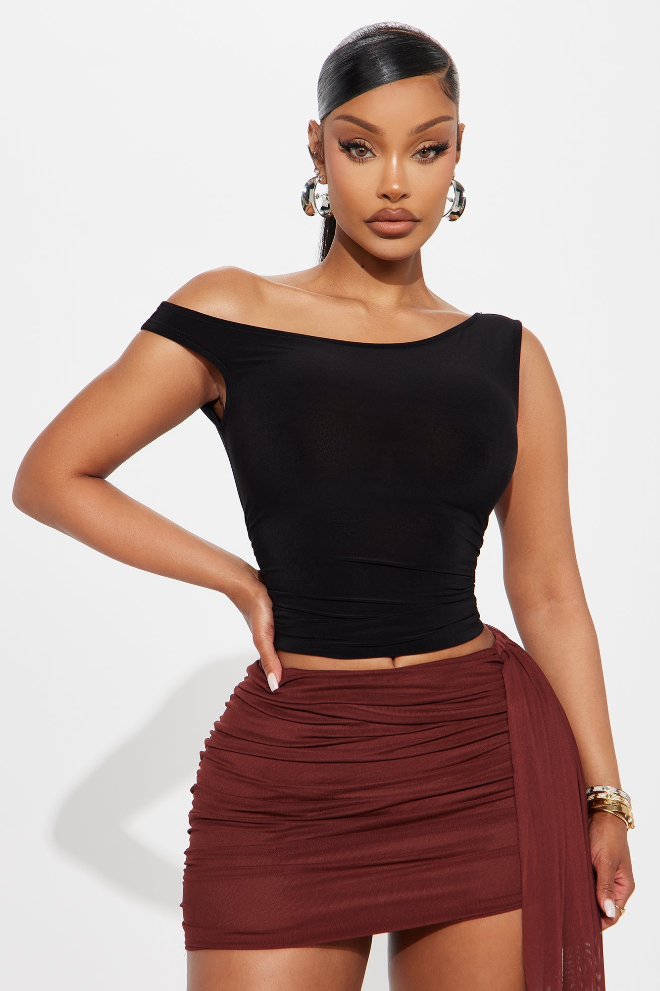 Ingrid Ruched Open Back Off Shoulder Top - Black