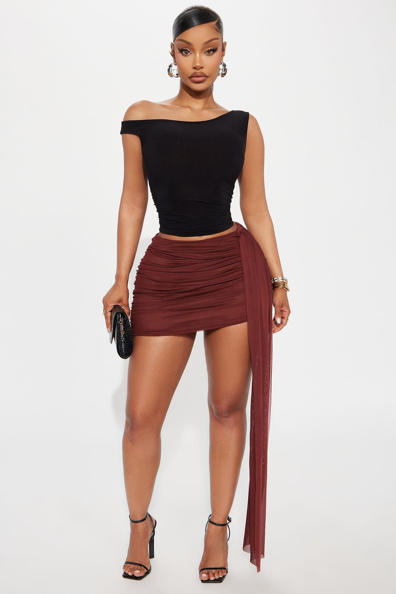 Valentina Ruched Mesh Micro Mini Skirt - Chestnut